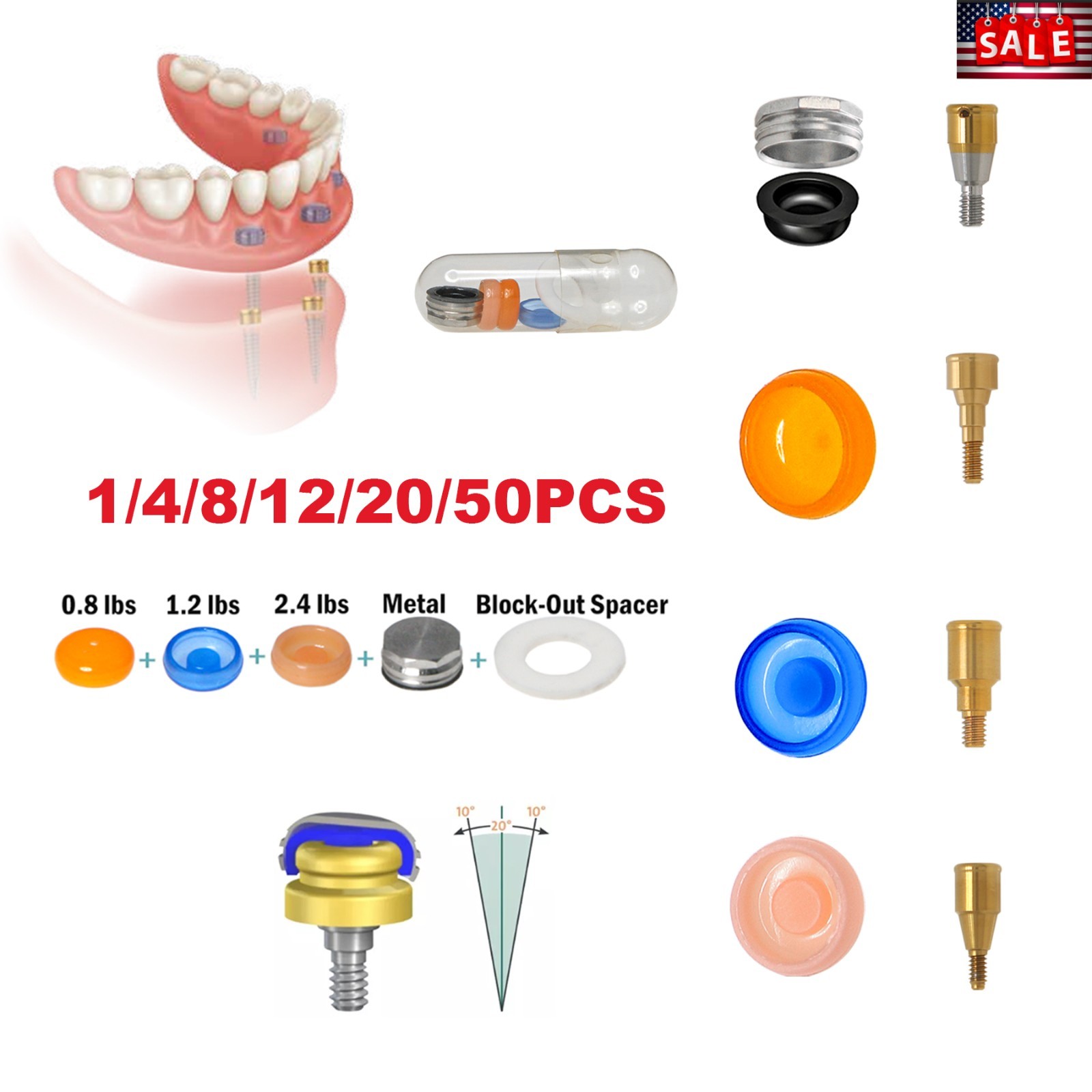 US Locator Overdenture Male Caps PEEK Retention Inserts Lab Housing 20pcs/set