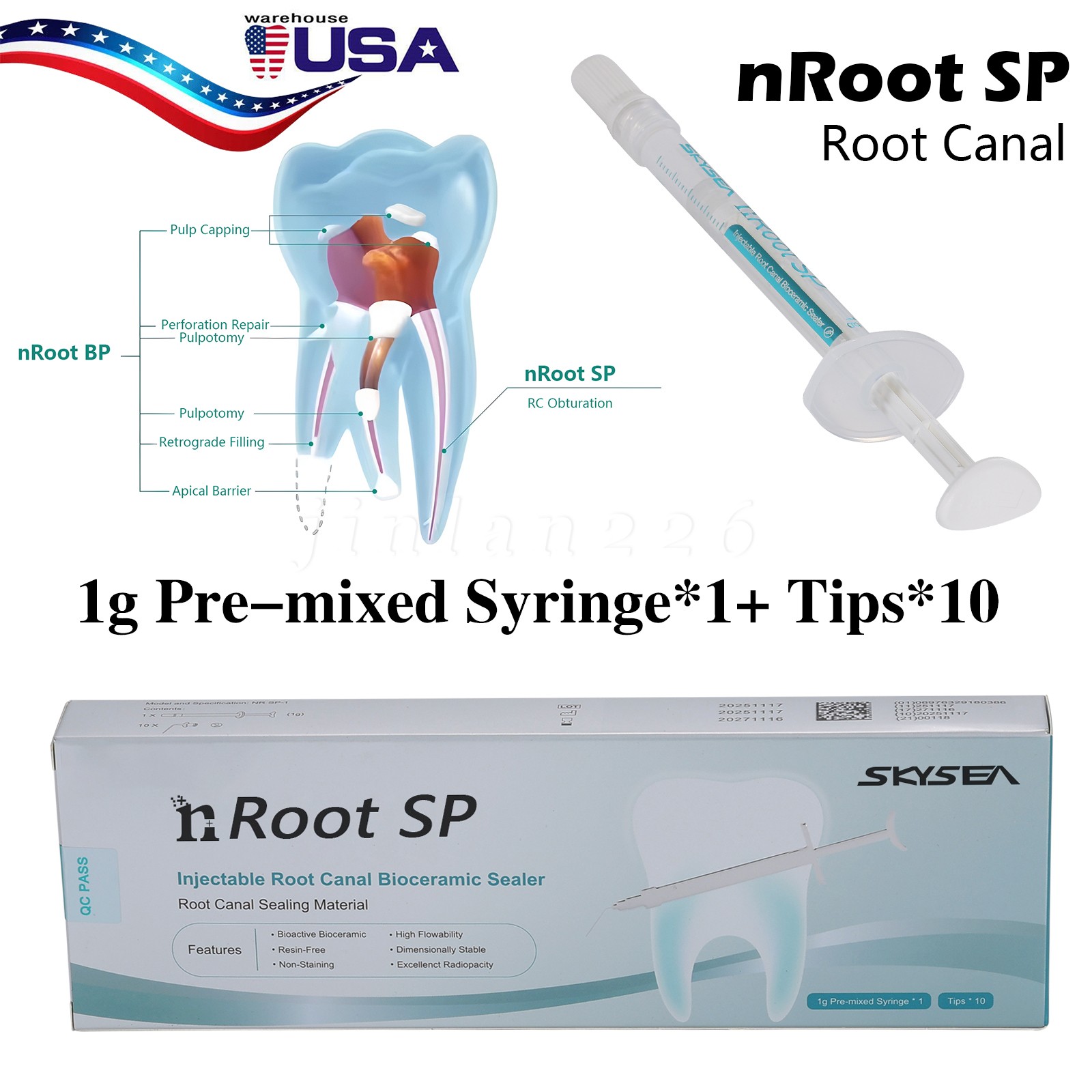 1g (nRoot SP) Dental Bioseal Bioceramic Root Canal Sealer1.0g syringe + 10 tips
