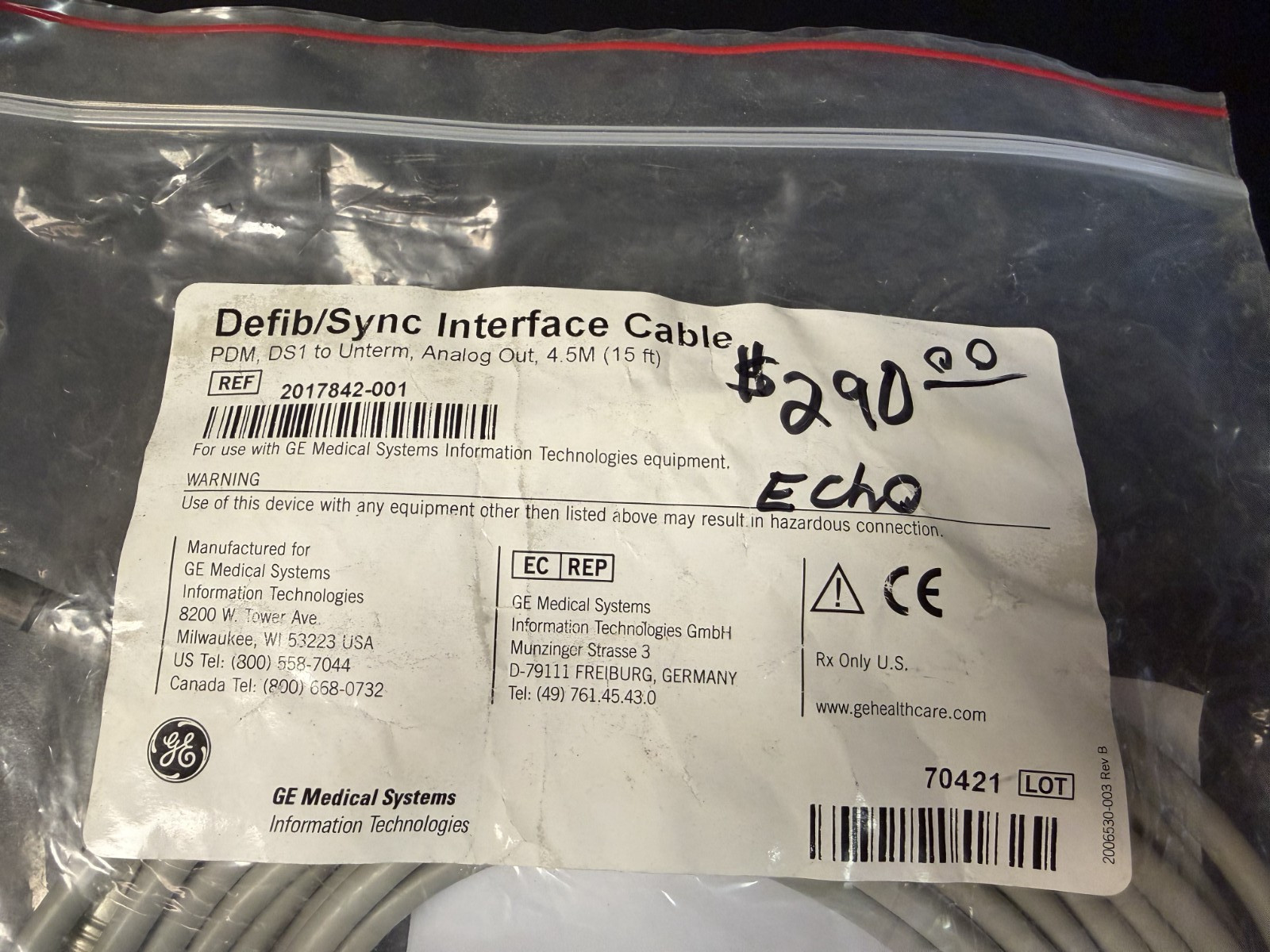 GE Medical Defib/Sync Interface Cable DS1 to Unterm 15FT 2017842-001