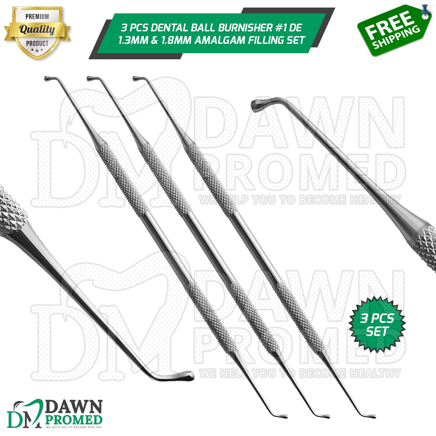 3 Pcs Dental Ball Burnisher 1 Double Ended 1.3mm & 1.8mm Amalgam Filling Set