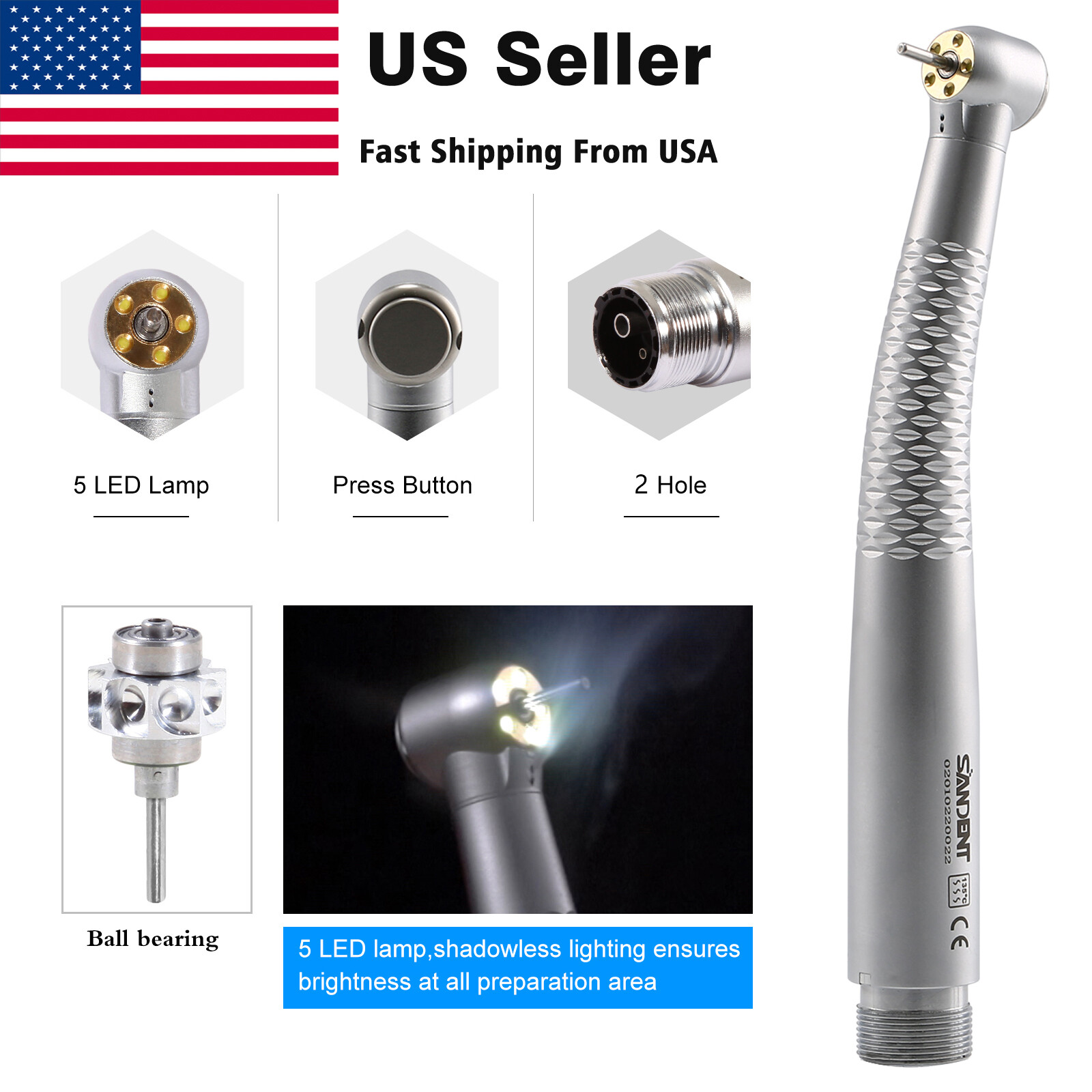 W/H Style Dental LED E-generator High Speed Handpiece 5*Bulb Fiber Optic / Rotor