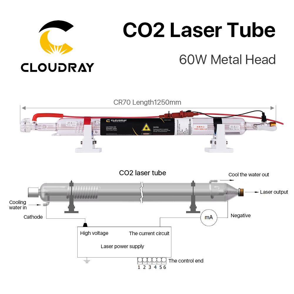 60W 70W 80W CO2 Laser Tube Metal Head 1250mm Glass Pipe for CO2 Cutting