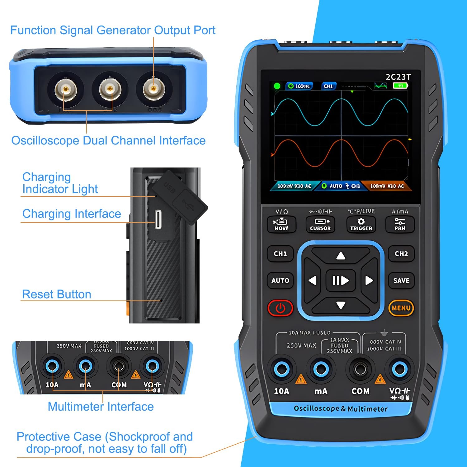 3-in-1 Handheld Oscilloscope Multimeter & DDS Generator, 2 Channel, 10MHz Ban…