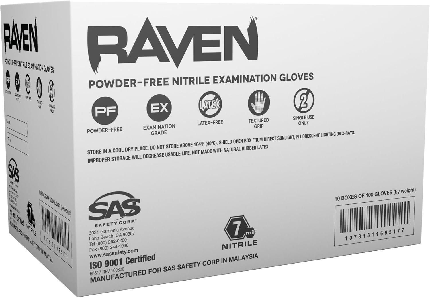 SAS Safety 66519 Nitrile Raven Powder-Free Disposable Glove, X-Large Case of 100