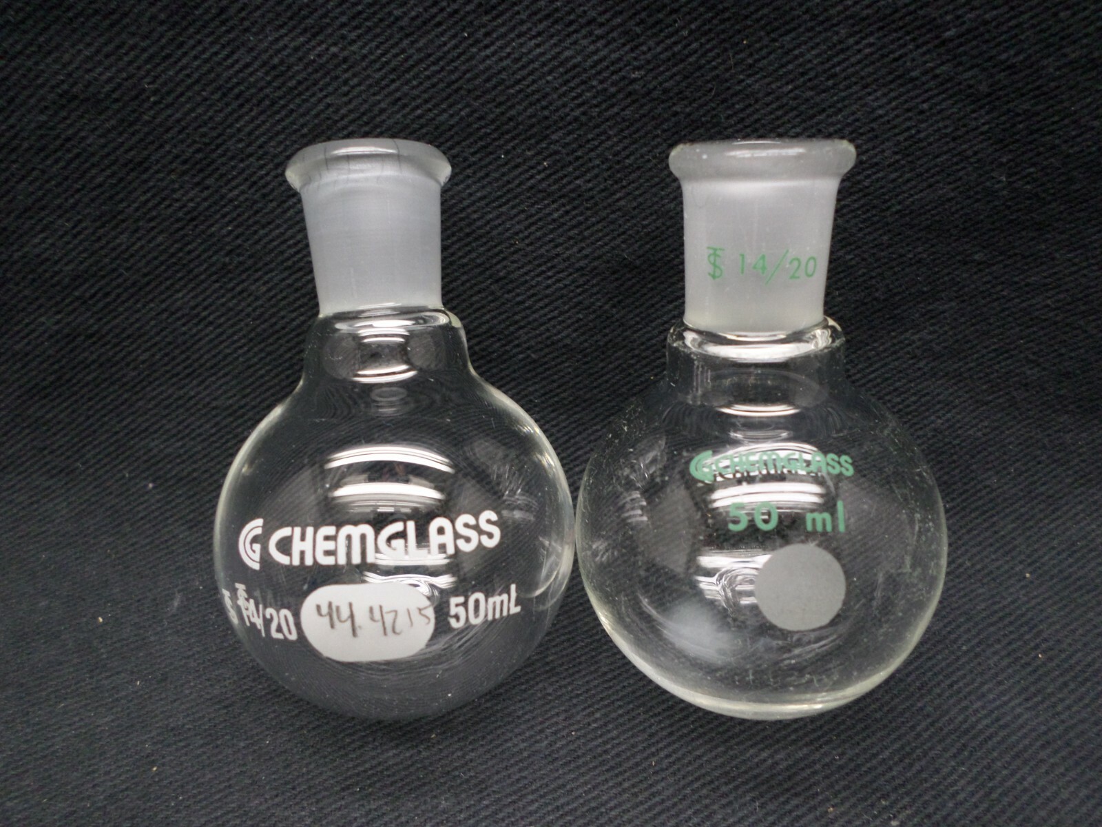 (2) Chemglass 14/20 Joint 50mL Glass Heavy Wall Round Bottom Flask CG-1506-88
