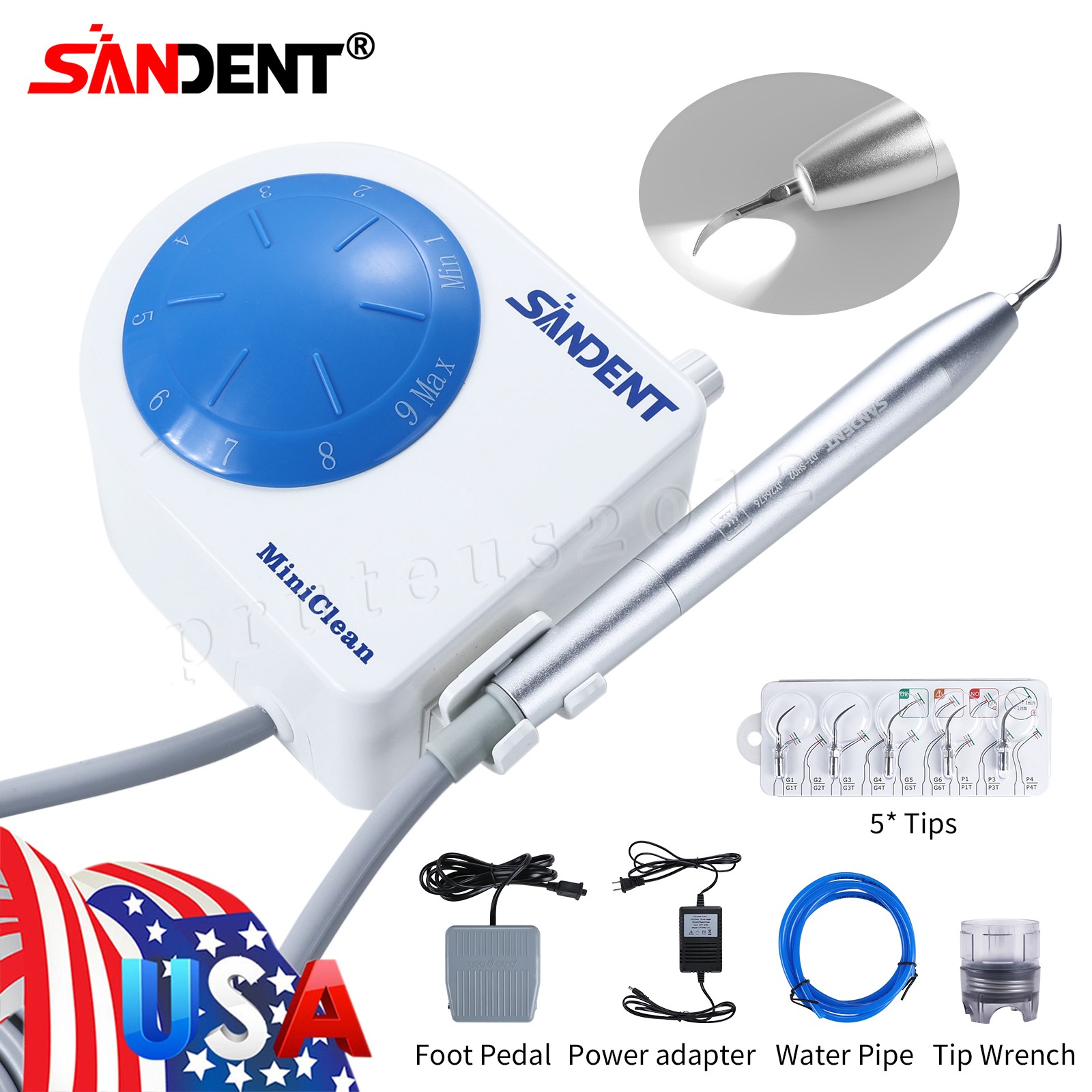 Dental LED MINI Ultrasonic Scaler with 5 Tips Fit EMS WOODPECKER 110V US Plug