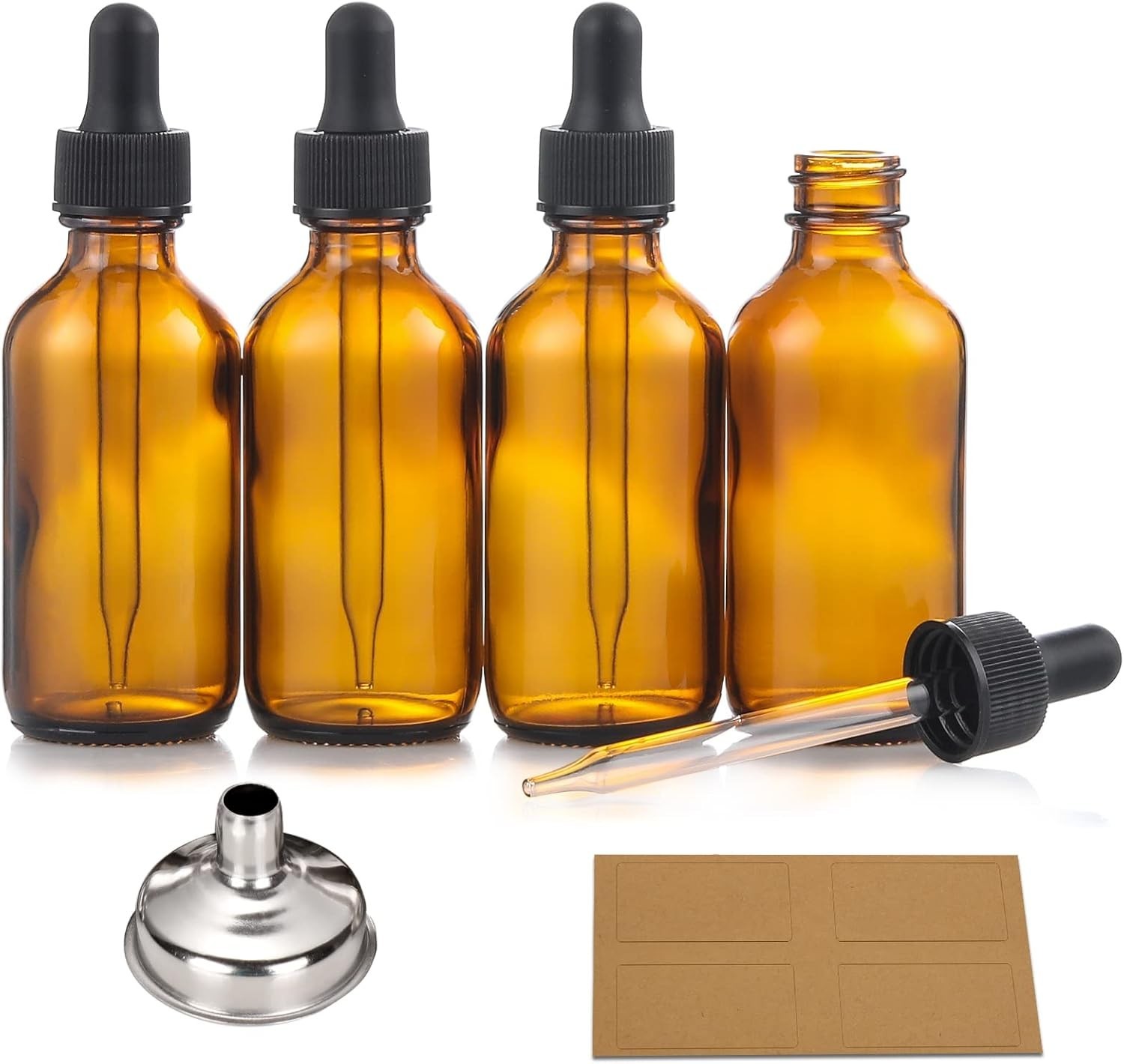 4 Pack 2 Oz Amber Glass Eye Dropper Bottles with Funnel for Essential Oils