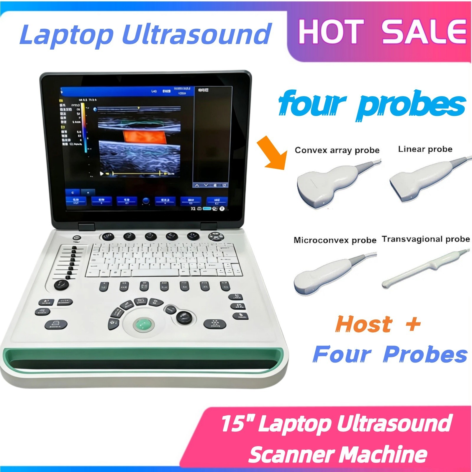 New 15 inch portable Laptop ultrasound Color Doppler machine with Four probes