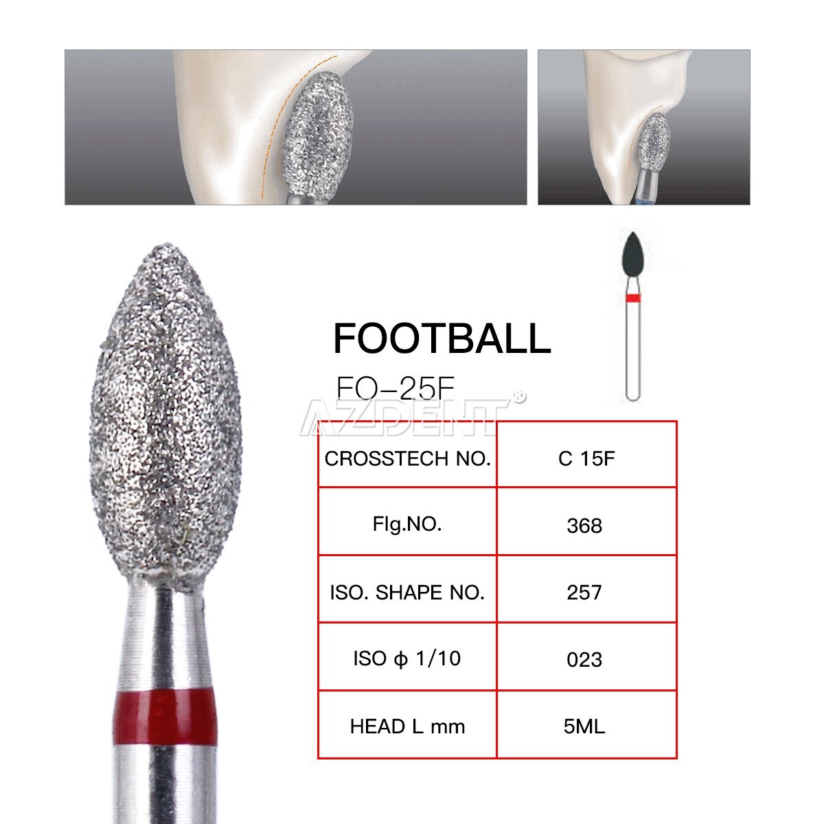 AZDENT Dental Diamond Burs FootballFINE RED #368-023F For Hight Speed Handpiece