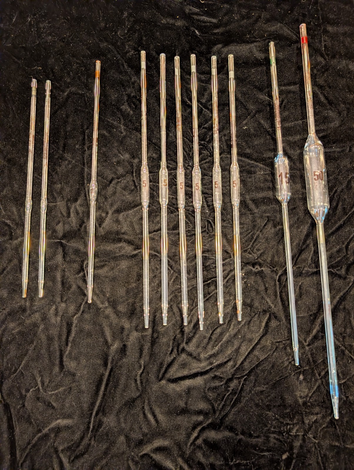 Lot of 11 Kimax Fisherbrand Volumetric Pipettes 0.5, 2, 5, 15, 50 ml