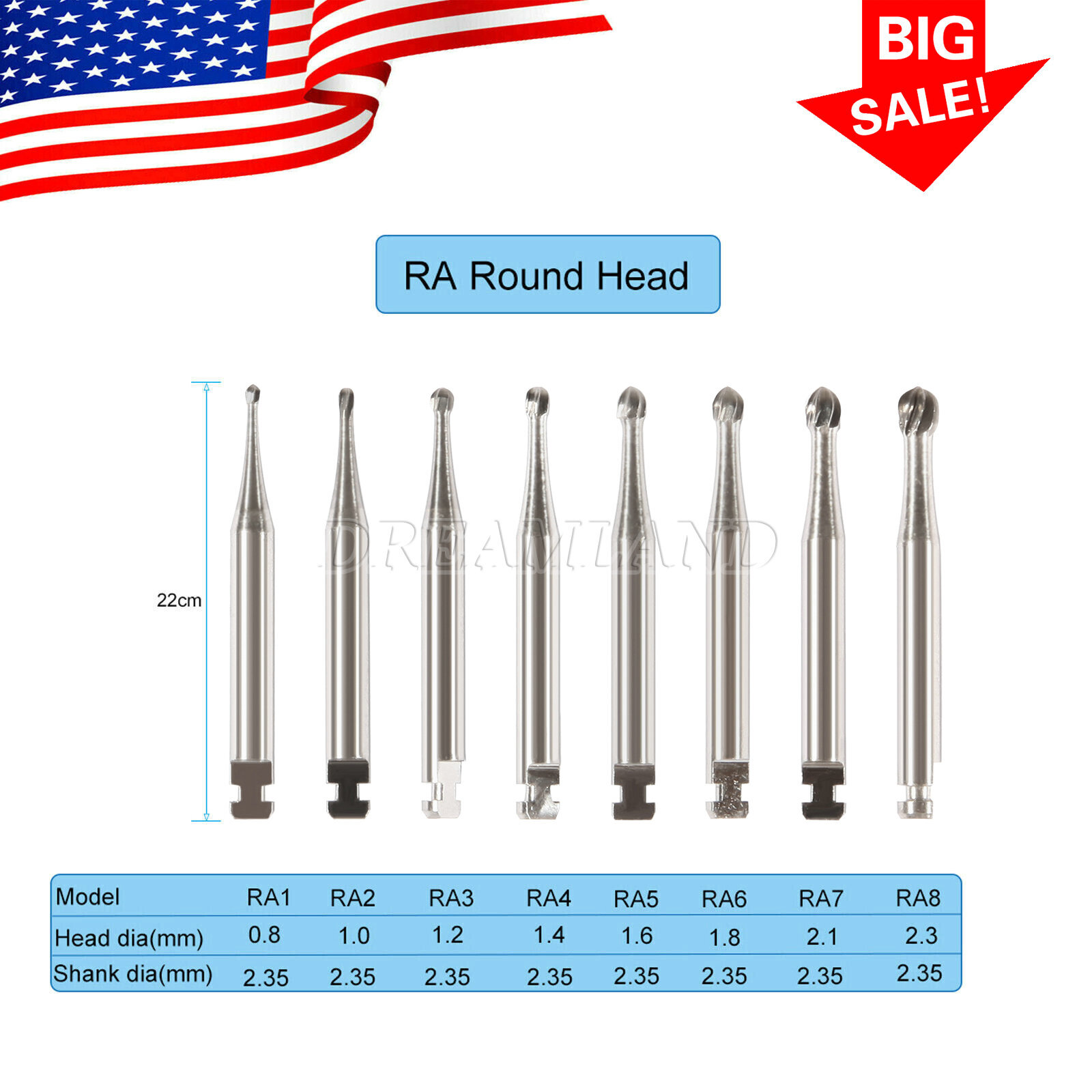 8 Types Dental Round Carbide Bur for Low Speed Latch Type RA 1# – 8# Burs USA