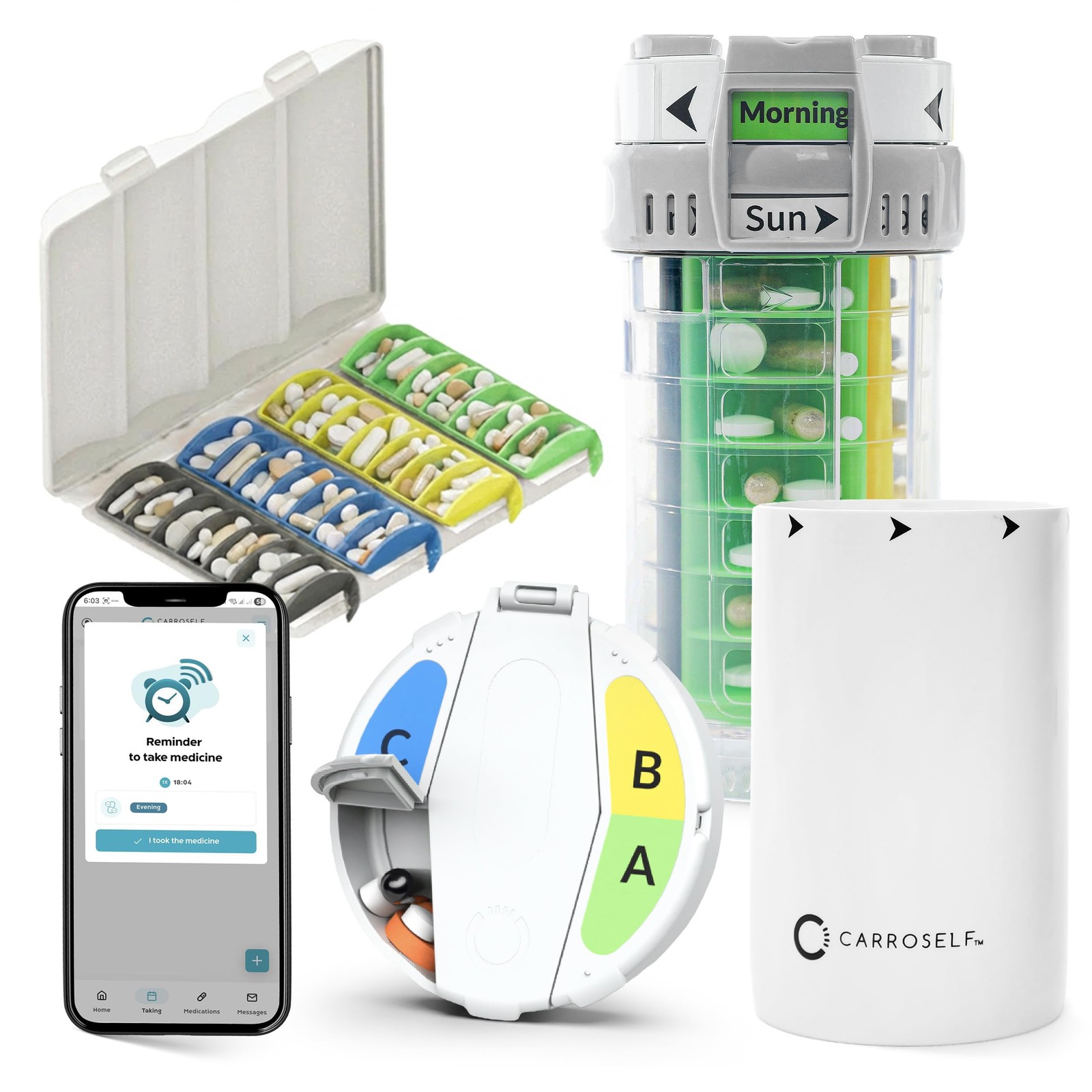 Carroself Pill Dispenser App Set Easy-To-Use Vitamin Dispenser 4 Daily Doses