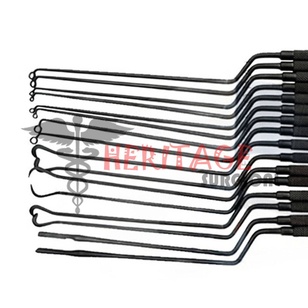 Hardy Pituitary Neuro Curettes Black Sets Of 16 with Sterilization Mesh Box