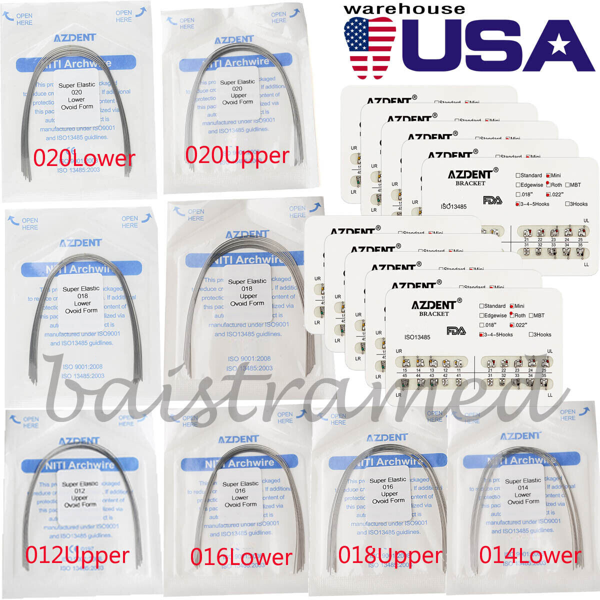 AZDENT Dental Ortho Braces Brackets Mini Roth.022 Hook 345/Arch Wire Niti Round