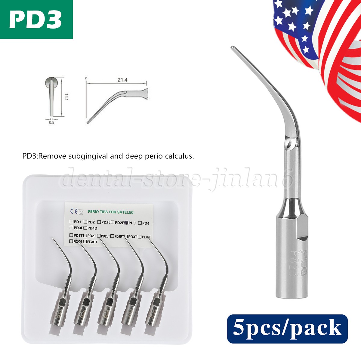 5 Pcs Dental Ultrasonic Scaler Perio Tip PD3 Tips for SATELEC DTE PD3 NEW HOT