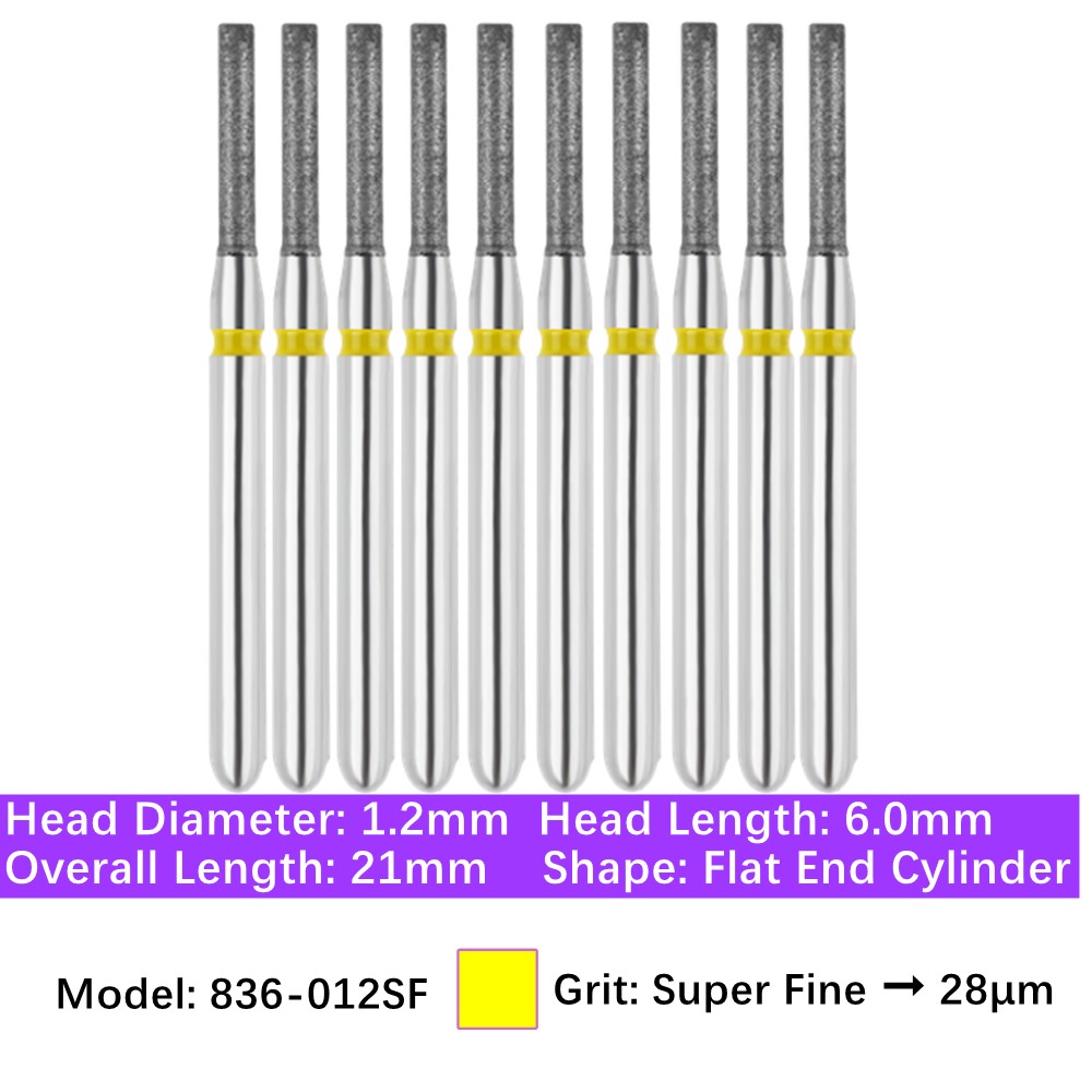 10/Pk Dental FG Diamond Burs Flat End Cylinder Shape 836-012SF Super Fine Grit