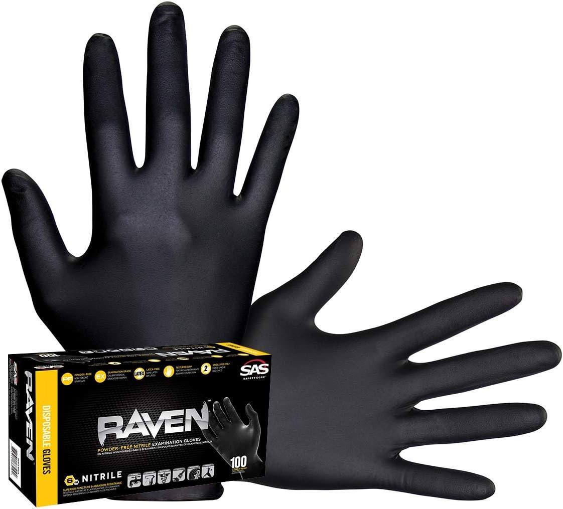 SAS Safety 66518 Raven Powder-Free Disposable Black Nitrile 6 Mil Gloves, Large,
