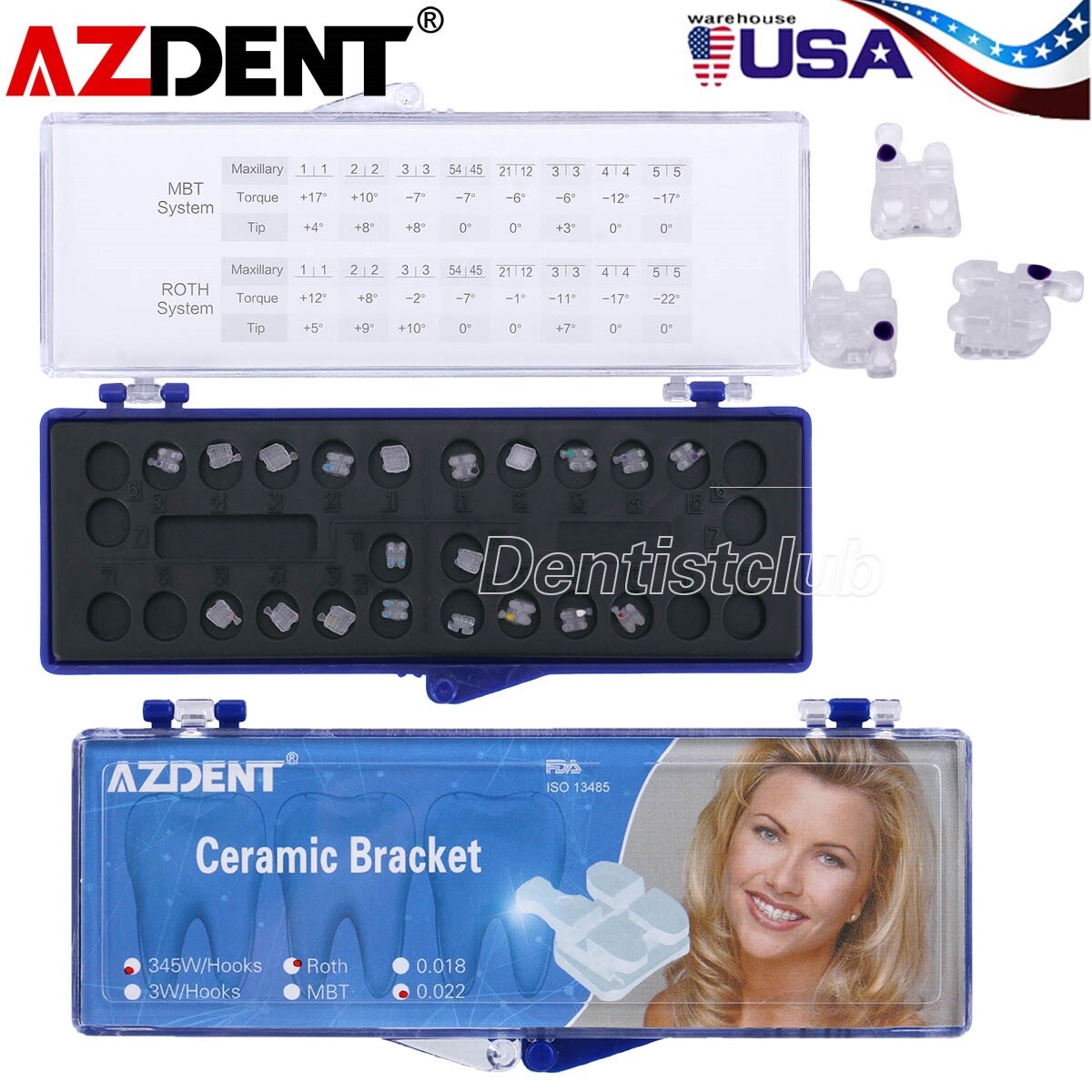 AZDENT Dental Orthodontic Clear Ceramic Braces Brackets Roth.022 Hooks 3 4 5 USA