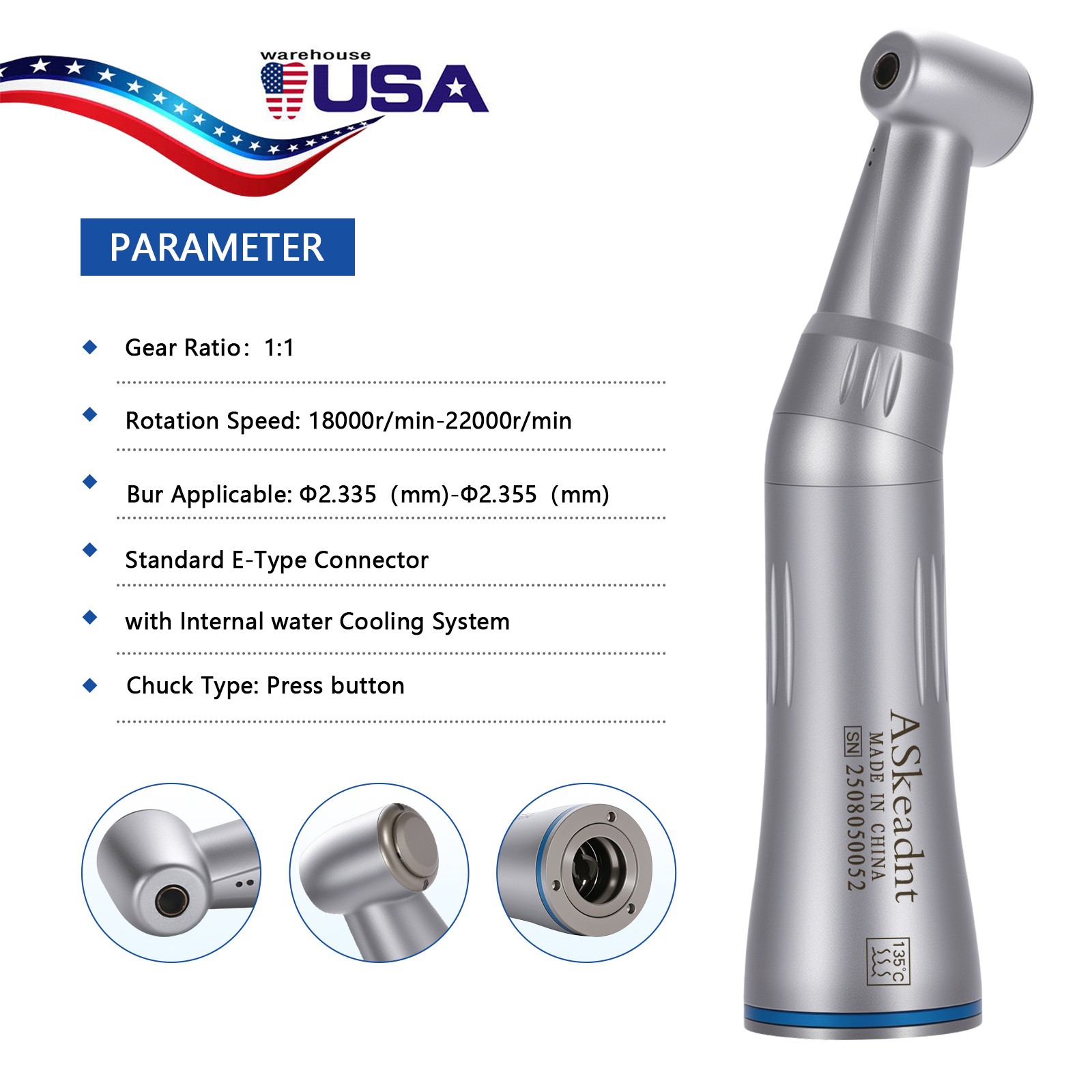 NSK Style Dental Inner Water Spray Contra Angle Low Speed Handpiece Push Button