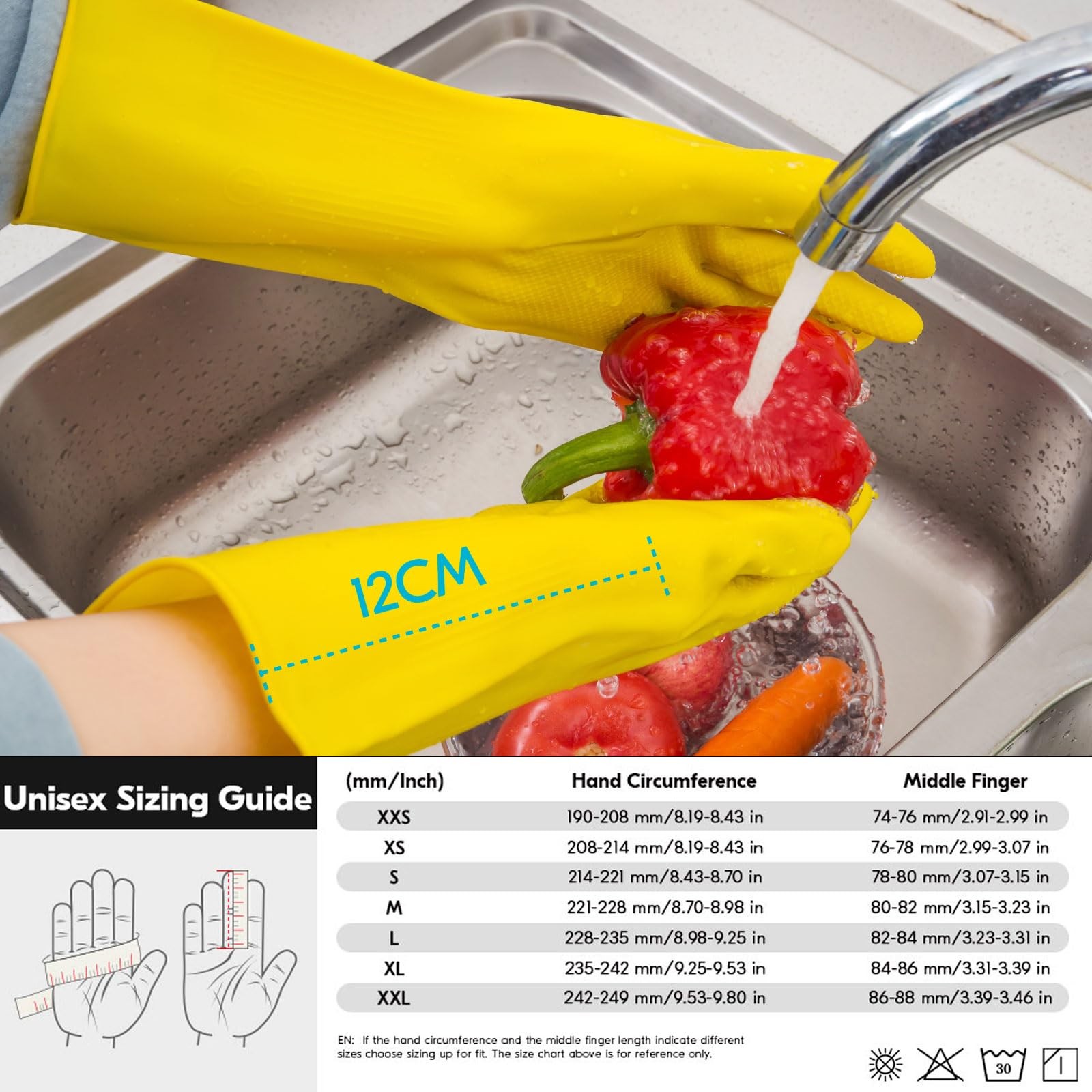 3Pair Reusable Rubber Dishwashing Gloves, Long Sleeve, Size L, Yellow