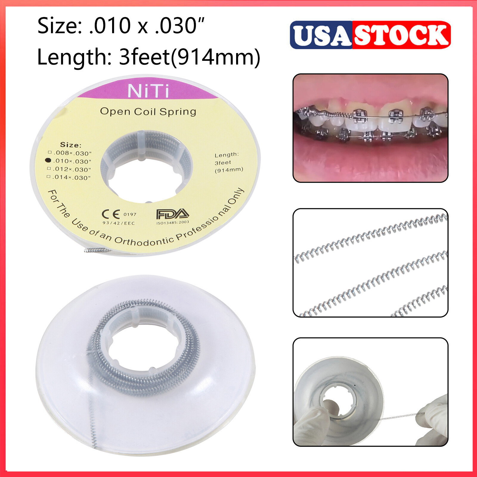 Dental Orthodontic Niti Open Coil Spring Spool Dia.0.10 x 030 ” inch 914mm ns