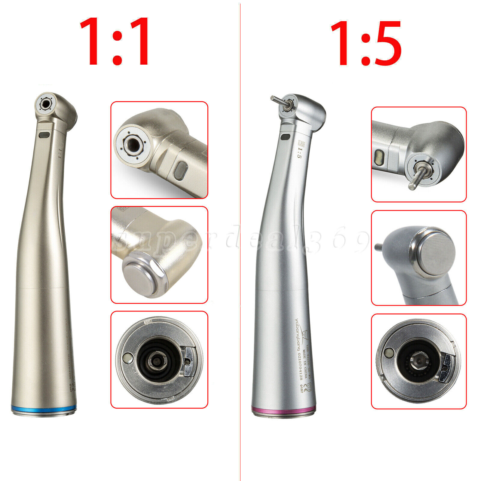 NSK Style Dental 1:1 1:5 LED Fiber Optic Handpiece Internal Spray Contra Angle