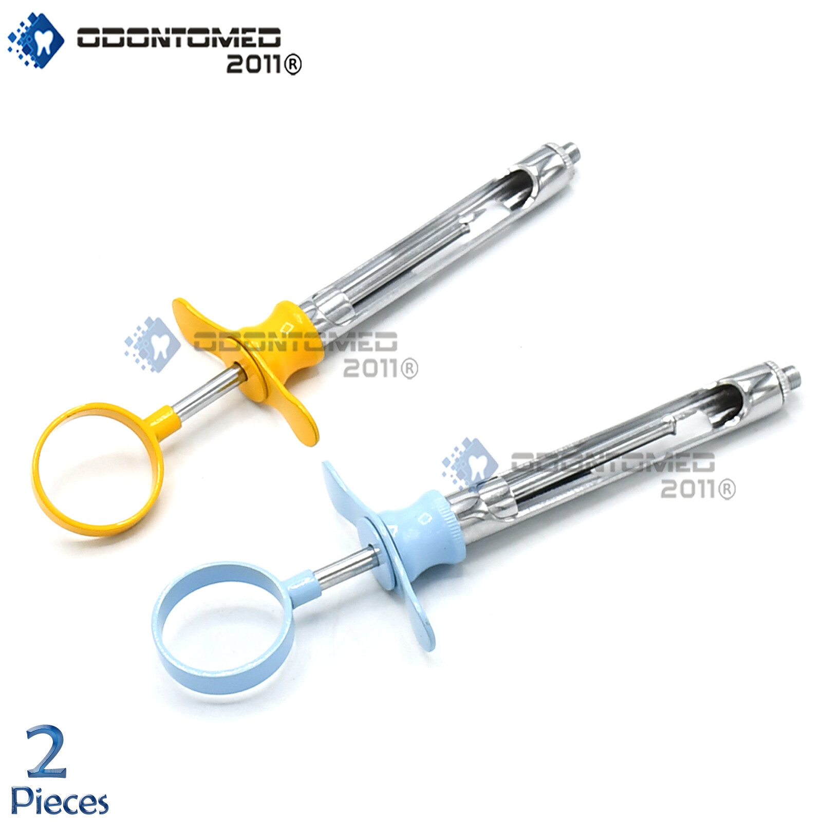 ODM 2 Aspirating Syringes – CW Type, Colored Handles and Wings Yellow & Sky Blue
