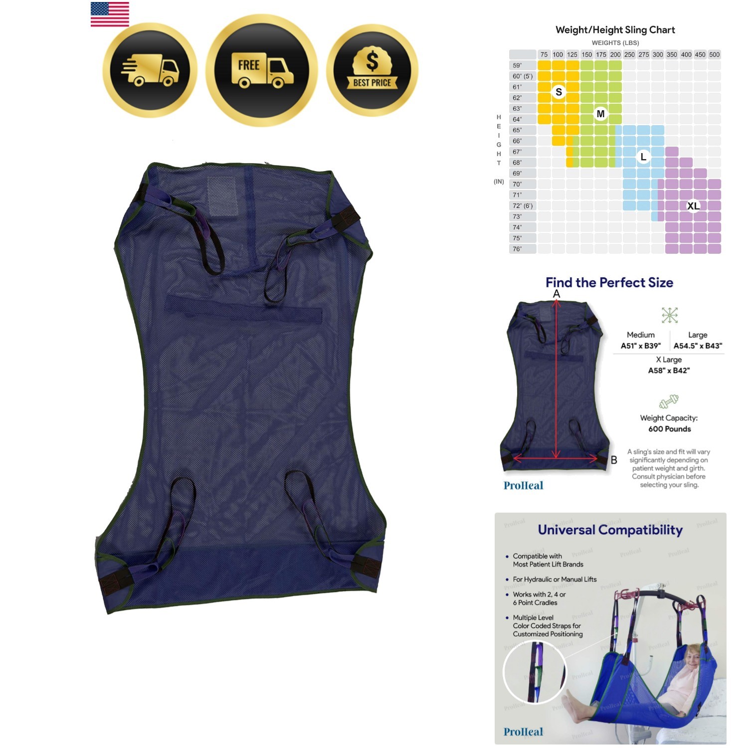 Universal Full Body Mesh Lift Sling, XX Large, 52″ x 44.5″ – Polyester Slings…