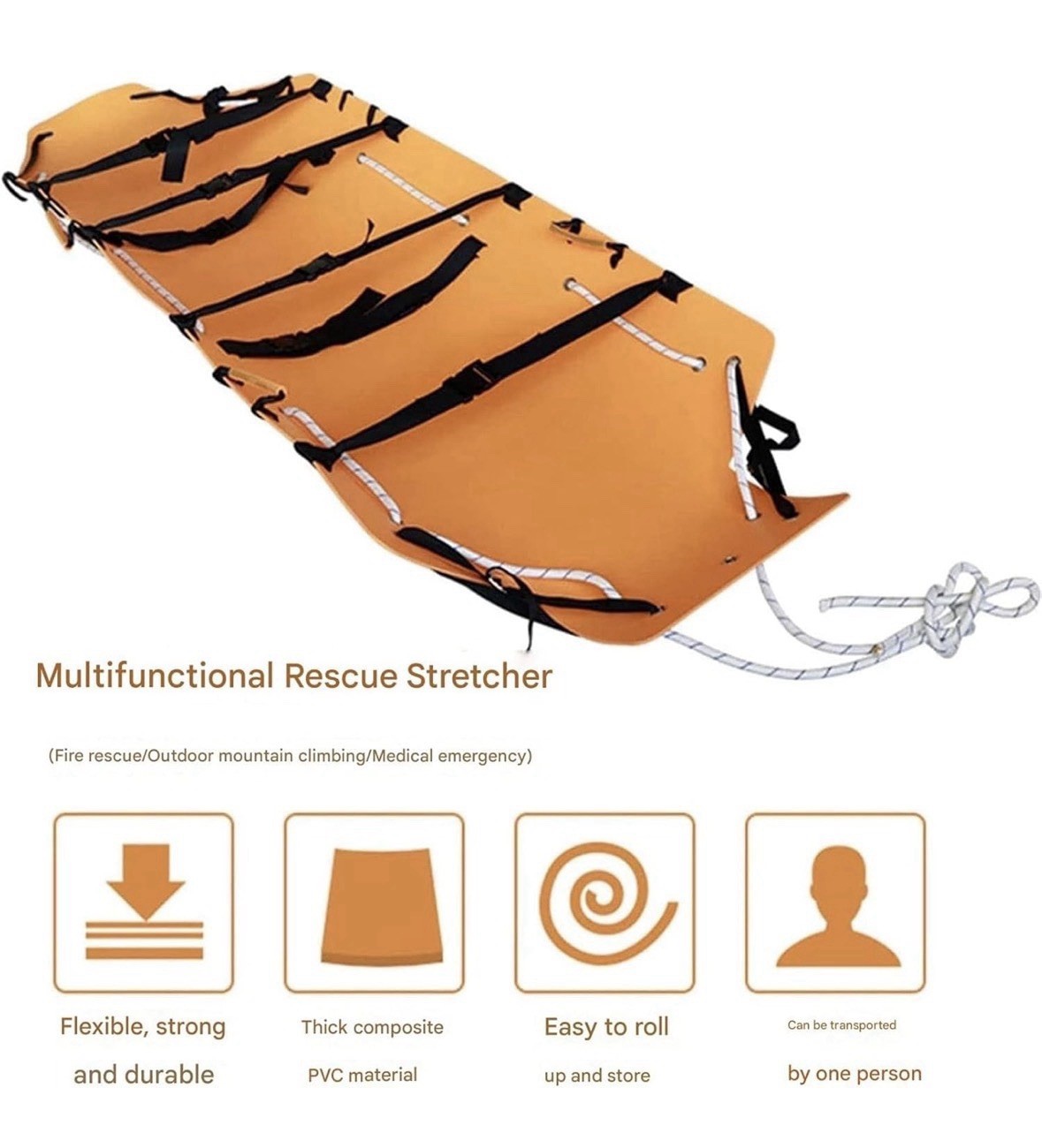 Roll-Up Rescue Stretcher (Orange), with Safety Rope and Non-Slip Handle