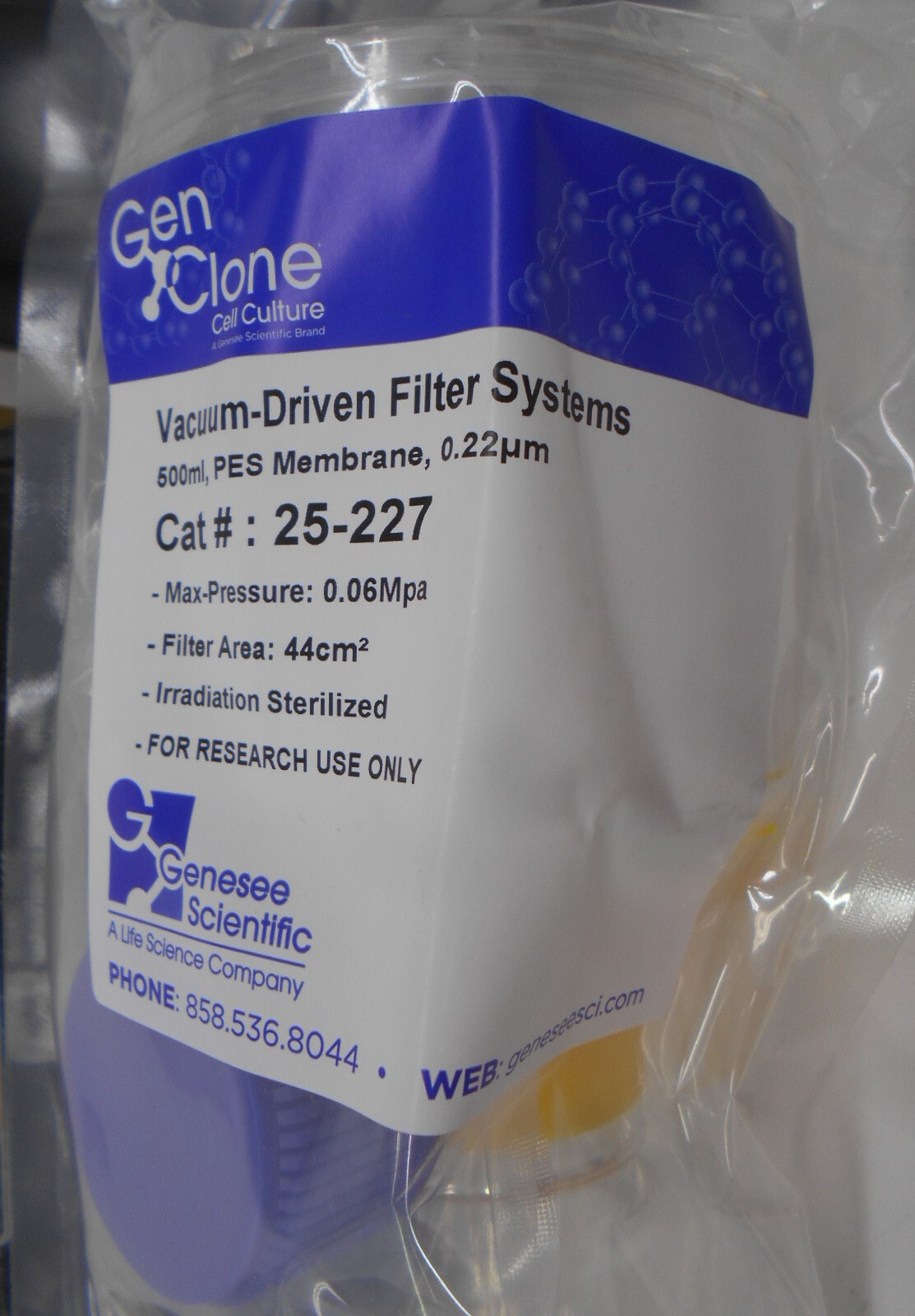 Genesee Scientific 25-227 500ml GenClone Vacuum-Driven Filter System, Box of 5