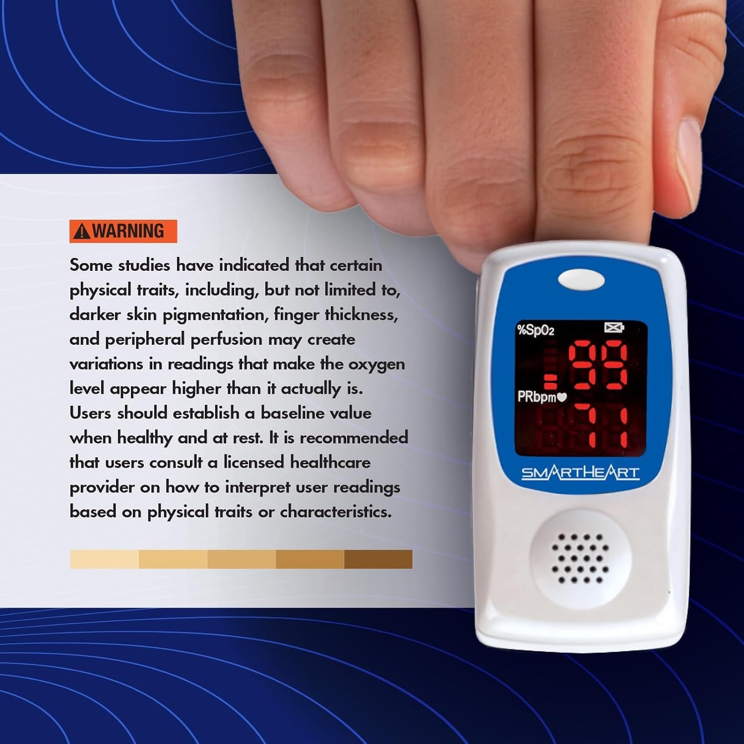 Portable Blue Fingertip Pulse Oximeter with Audible Alerts and Comfortable Fit