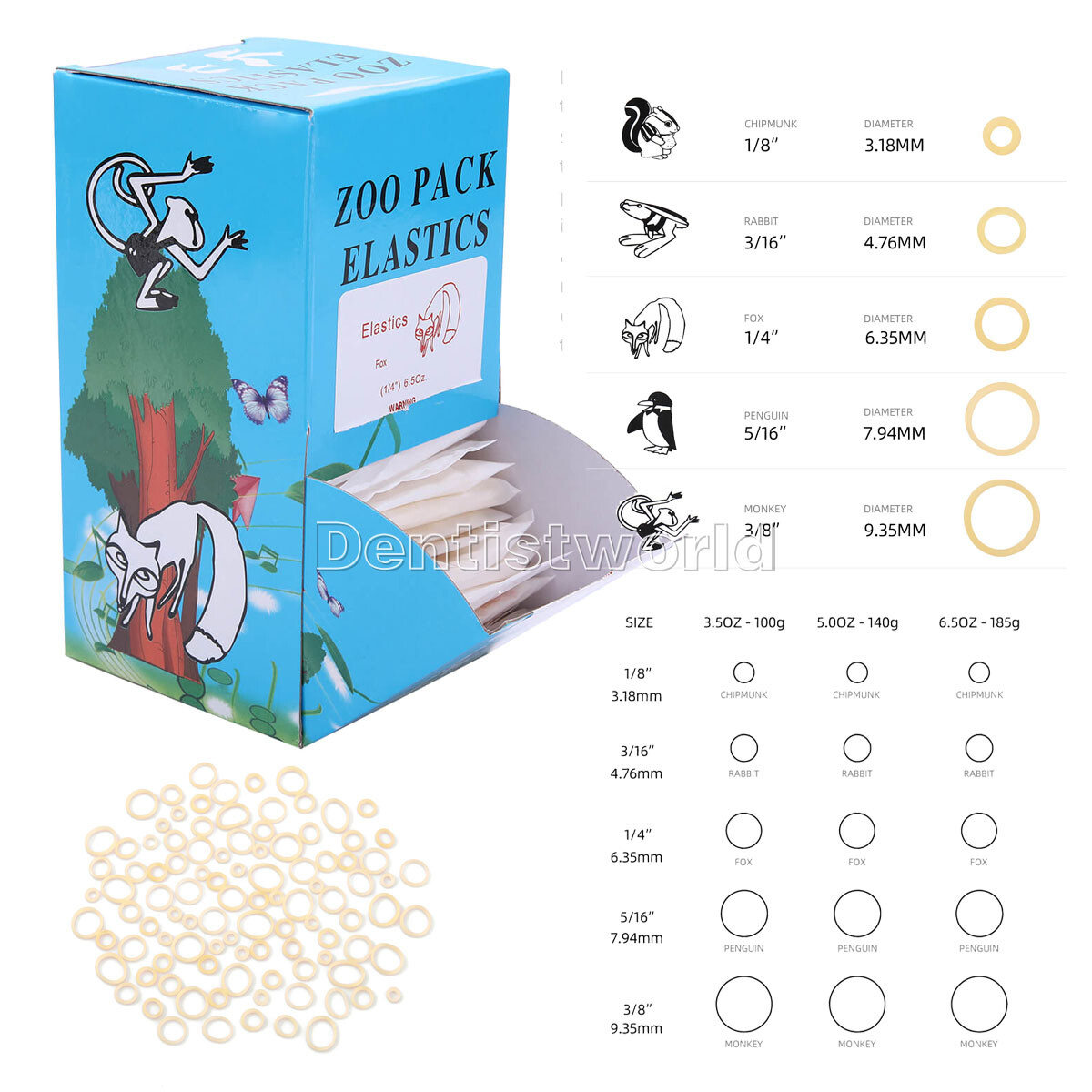 5000pcs AZDENT Dental Orthodontic Elastics Bands Force 3.5 OZ,5/16″ Zoo Pack