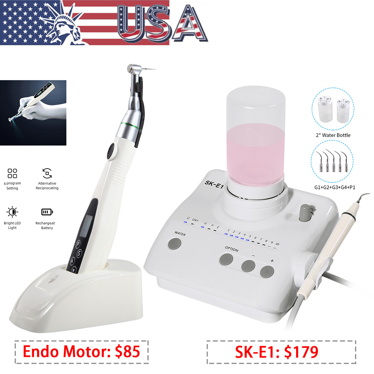 Dental Ultrasonic Scaler 2*Bottles Handpiece + LED Endo Motor 16:1 Lamp holder