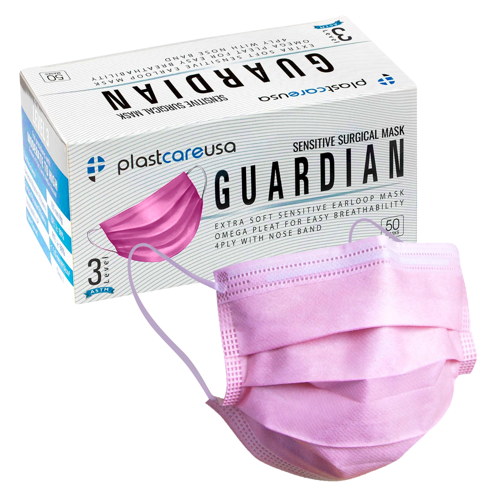 Pink Surgical Face Masks, ASTM Level 3 (Box of 50), Medical Disposable 4-Ply