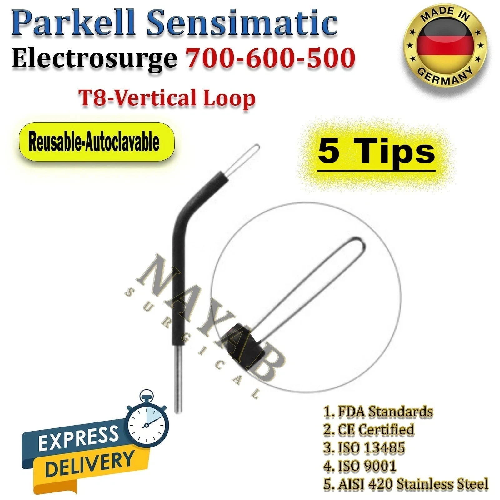 Parkell Sensimatic Electrosurge T8-Vertical Loop Tips Reusable Autoclavable CE