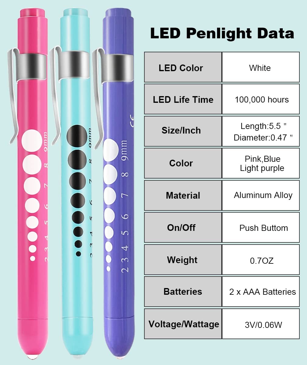 MEUUT 3 Pack Pen Lights for Nurses with 6 Batteries – Pink+Blue+Light Purple