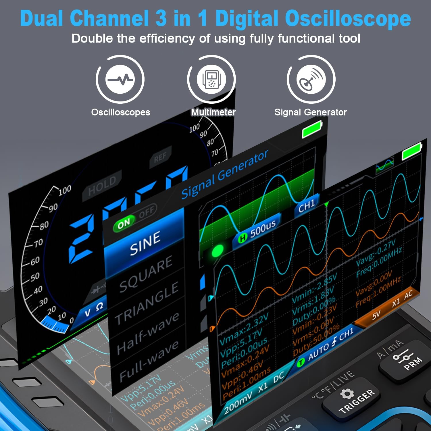 3-in-1 Handheld Oscilloscope Multimeter & DDS Generator, 2 Channel, 10MHz Ban…