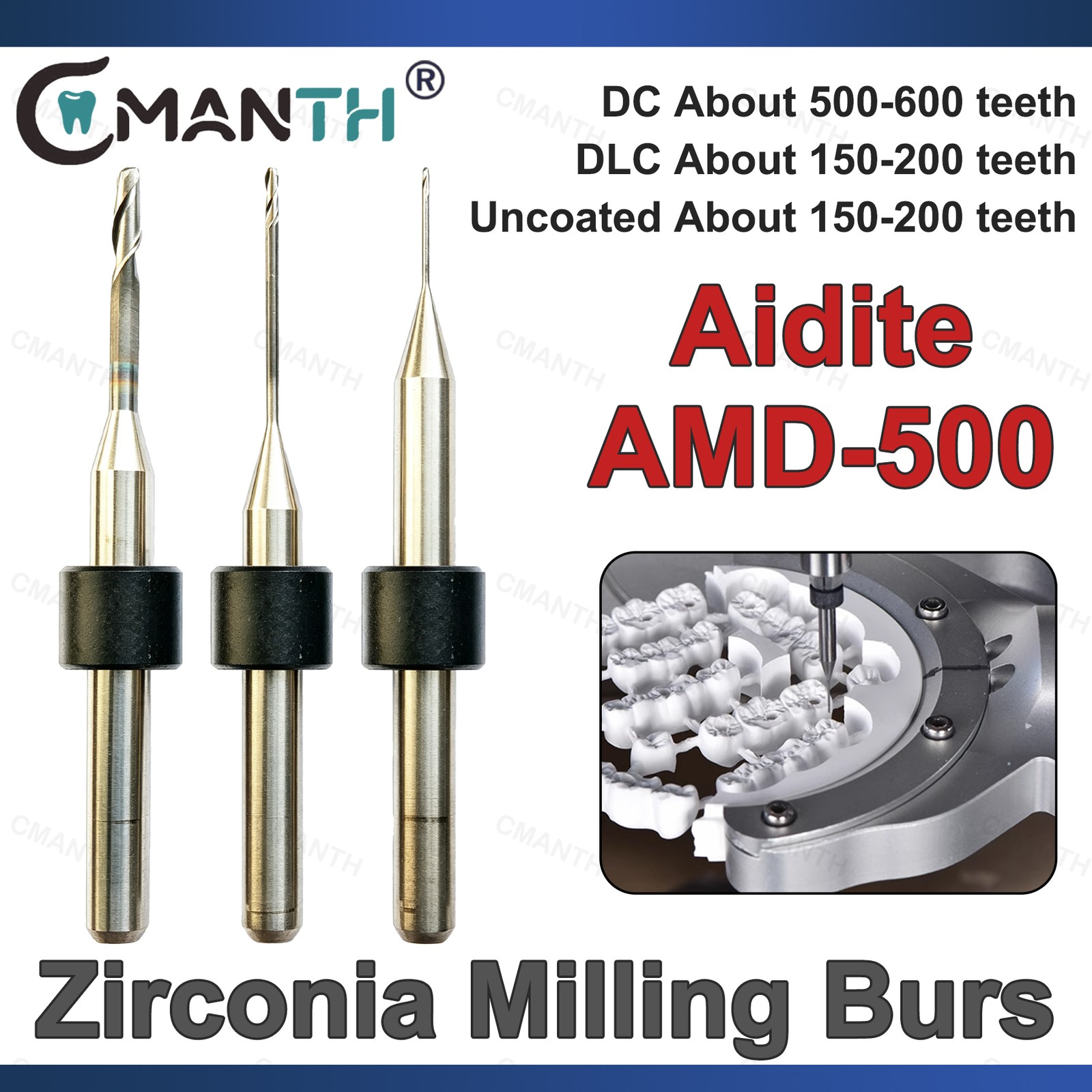 Aidite AMD 500 Dental Zirconia Milling Bur 0.6/1.0/2.0mm Shank 3mm For PMMA