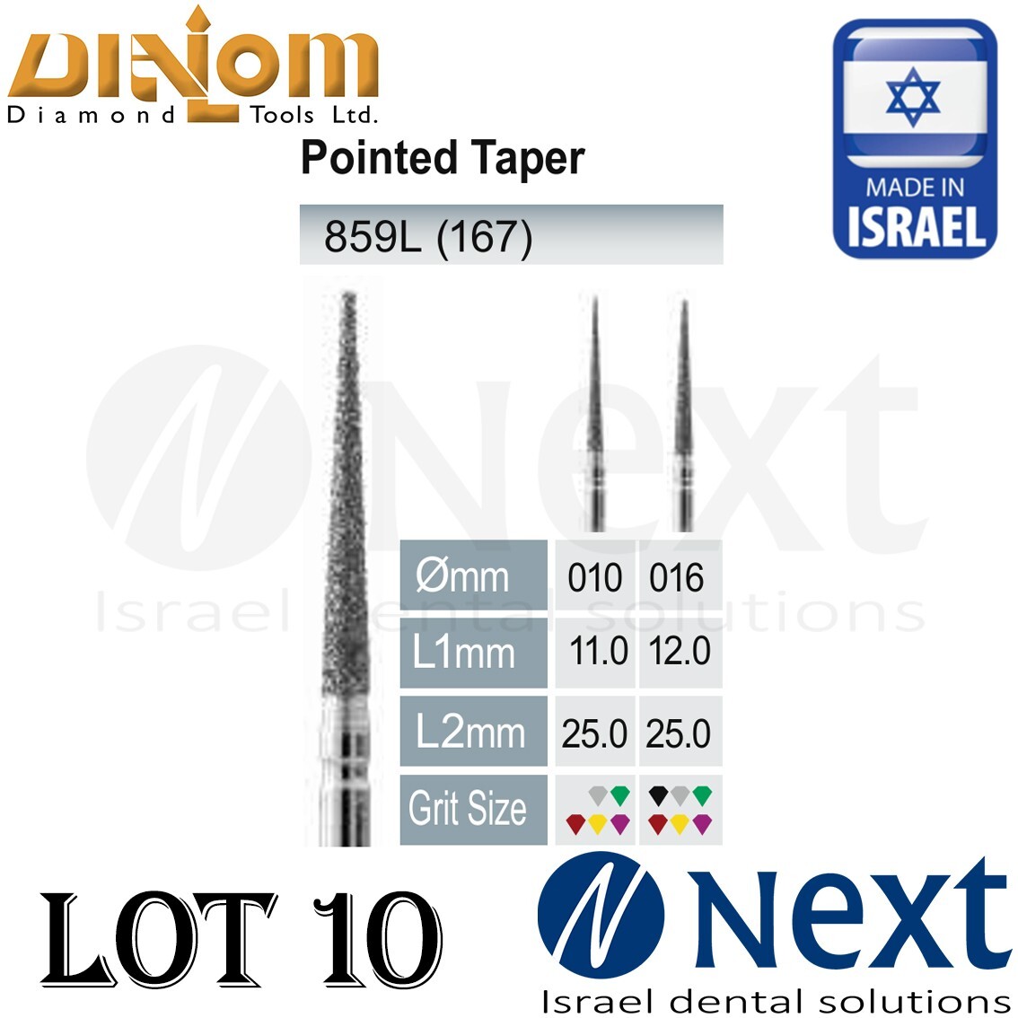 Lot x10 Dialom Pointed Taper 859L (167) FG diamond burs made in Israel
