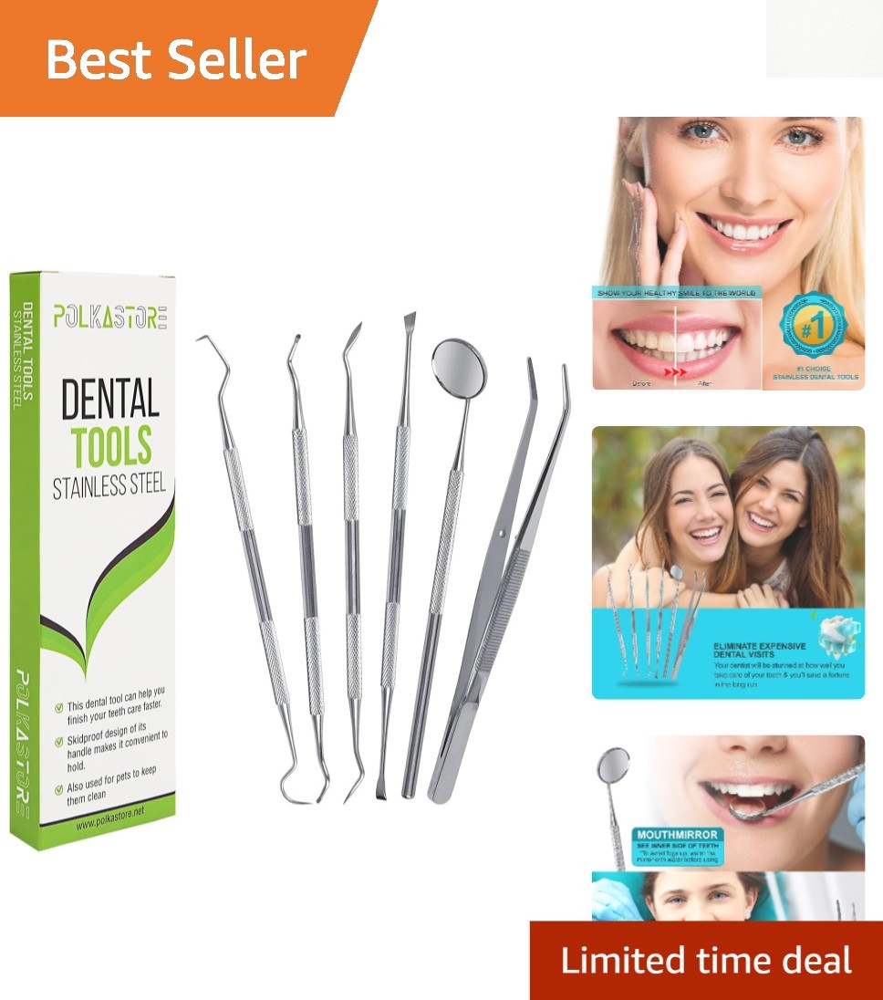 Stainless Steel Dental Kit – 6 Essential Tools for Tartar & Plaque Removal