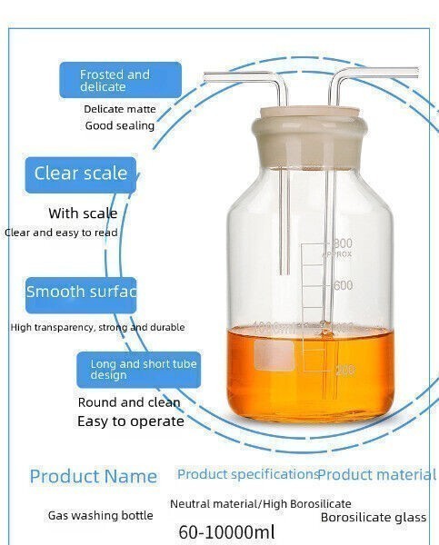 800ml Graduated Gas Washing Bottle Lab Supply Glassware w/ Scale Rubber Stopper