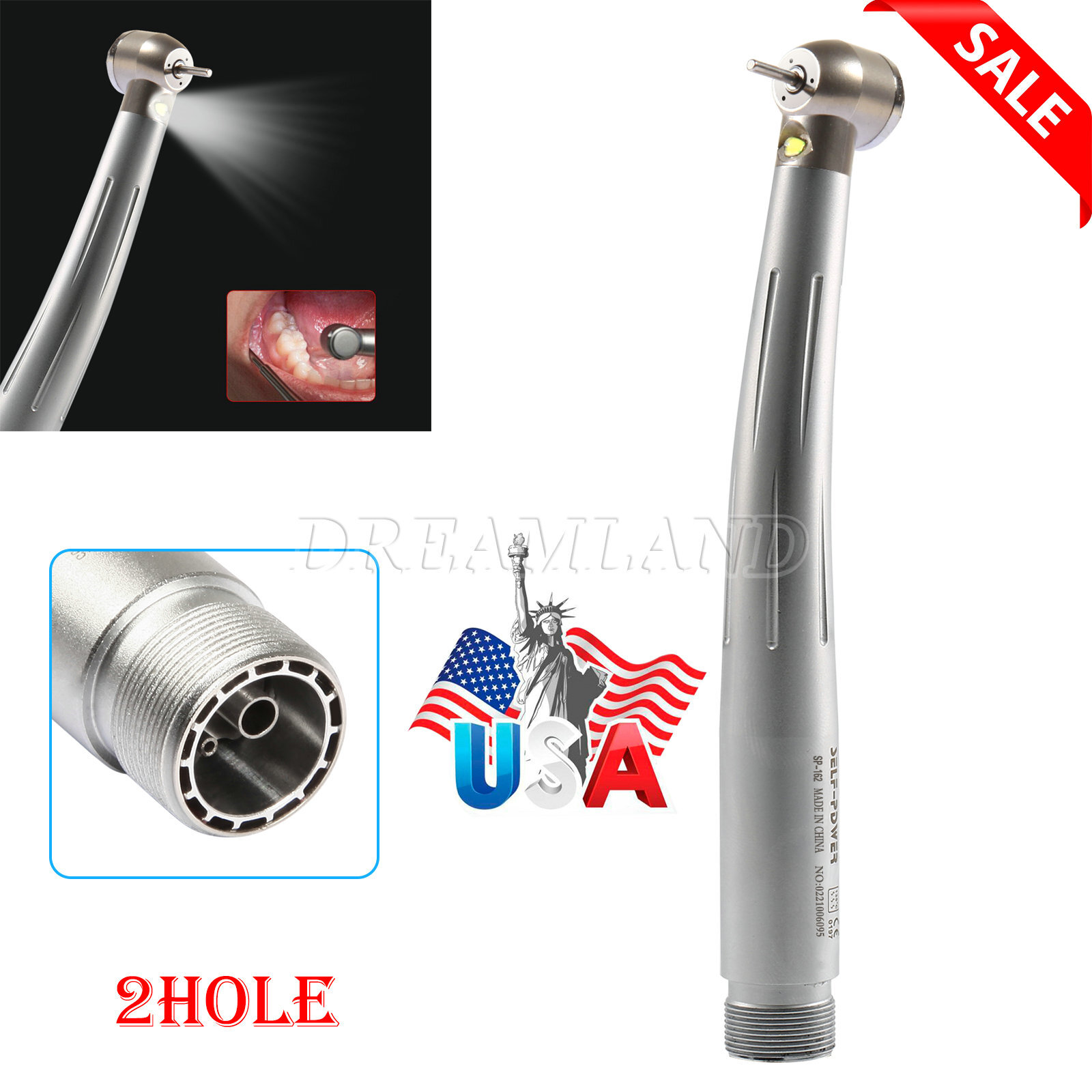 Dental Large Torque Push Button High Speed Fiber Optic LED Handpiece 2 HOLE SP