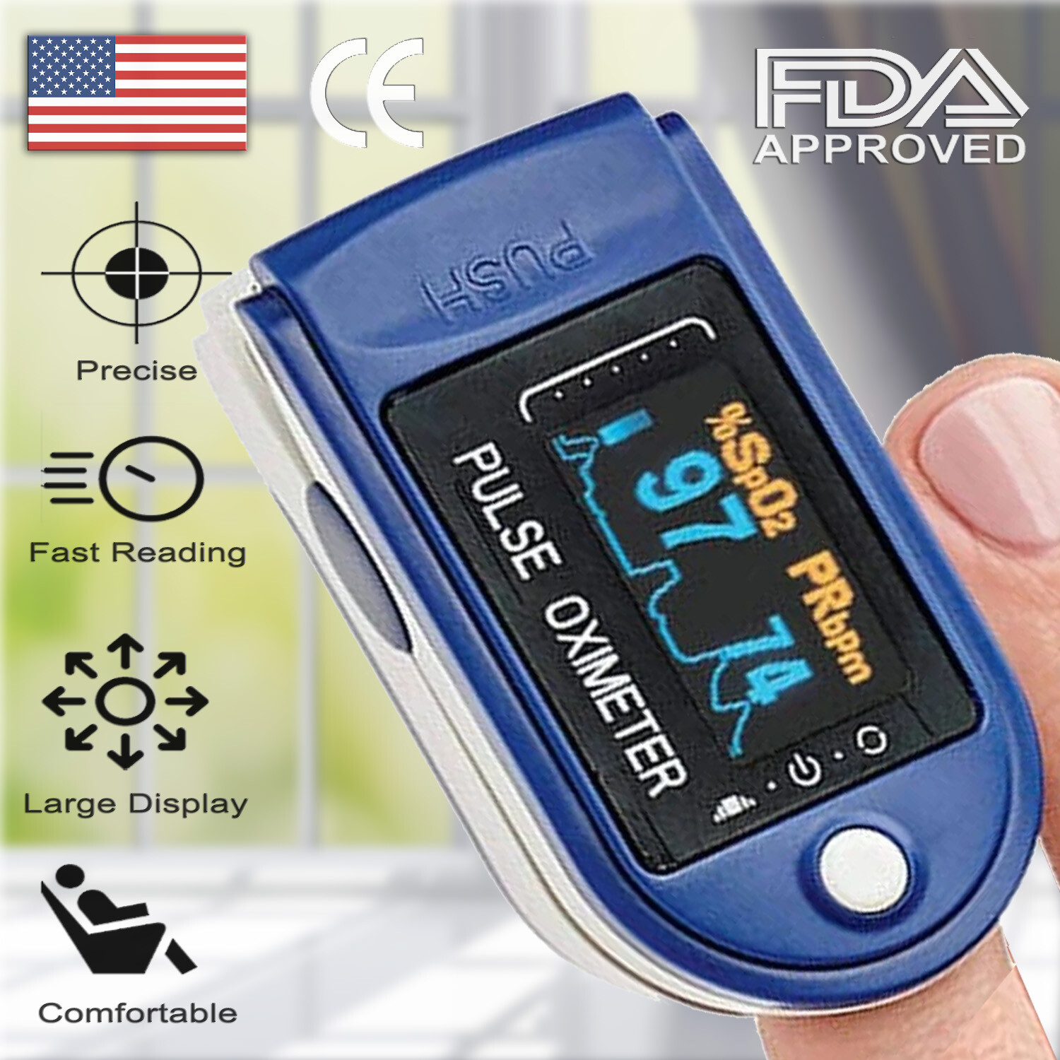 Finger Pulse Oximeter Blood Oxygen SpO2 Monitor PR PI Respiratory Rate FDA & CE