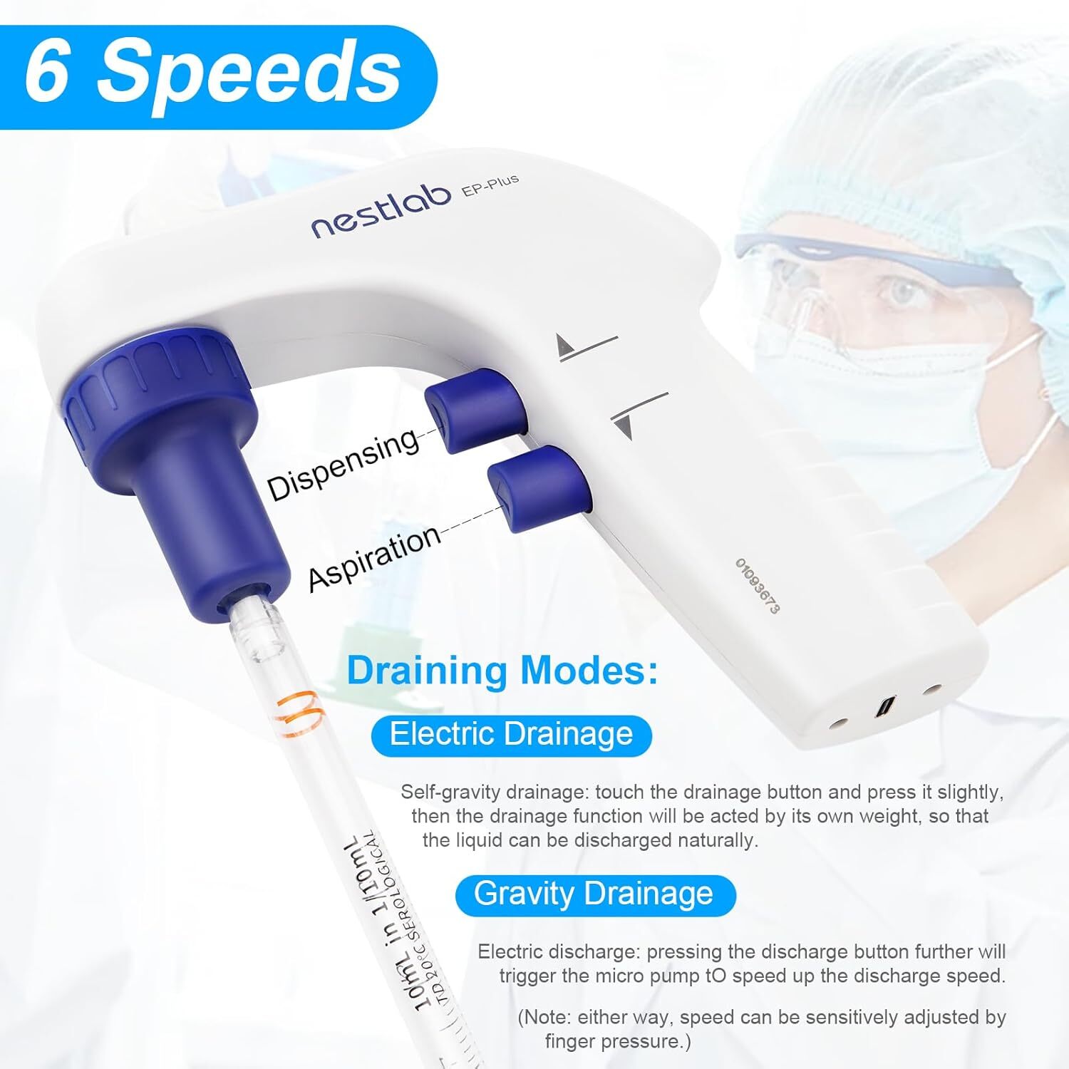 Lab Electric Pipette Controller 0.1-100ml Electronic Pipettor 6 Adjustable Speed