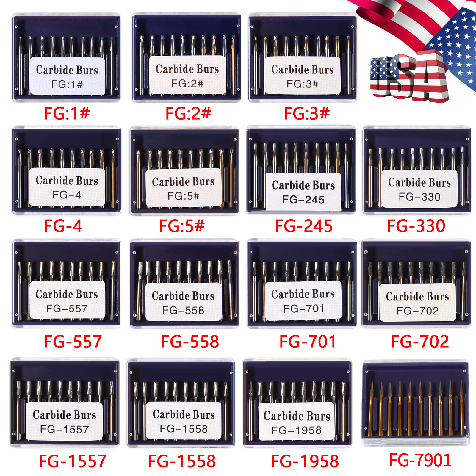Dental Carbide Burs FG1/2/3/4/5/6/7/8 Round for High Speed Handpiece 10 -100Pcs