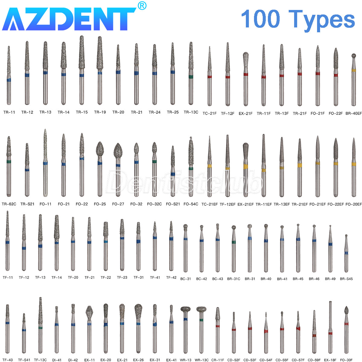 100pcs AZDENT Dental Diamond Burs FG Burs for High Speed Handpiece Friction Grip