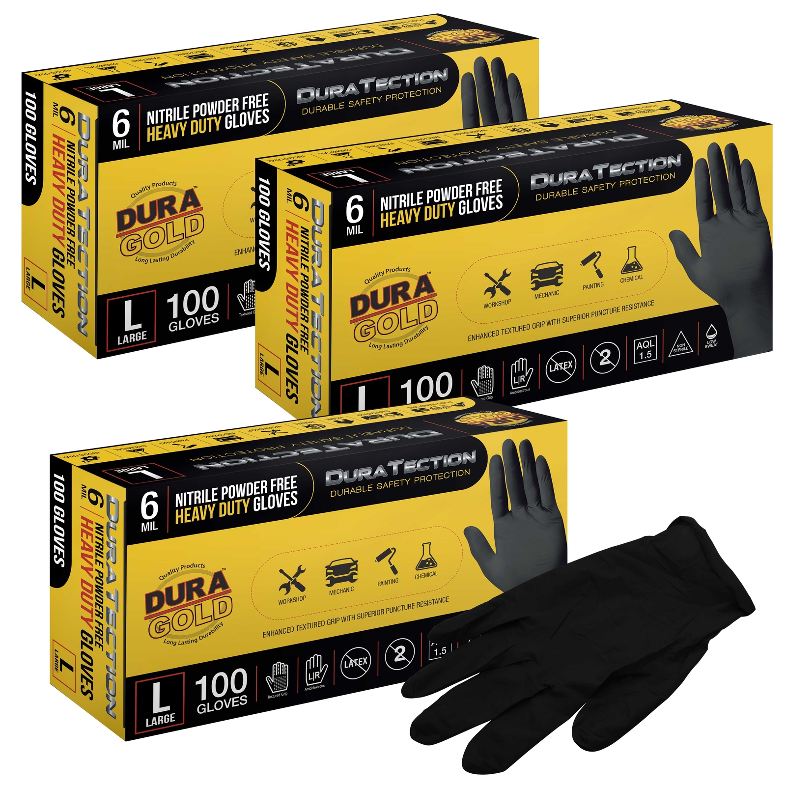 Dura-Gold HD Black Nitrile Disposable Gloves, 3 Boxes of 100, Size Large, 6 Mil