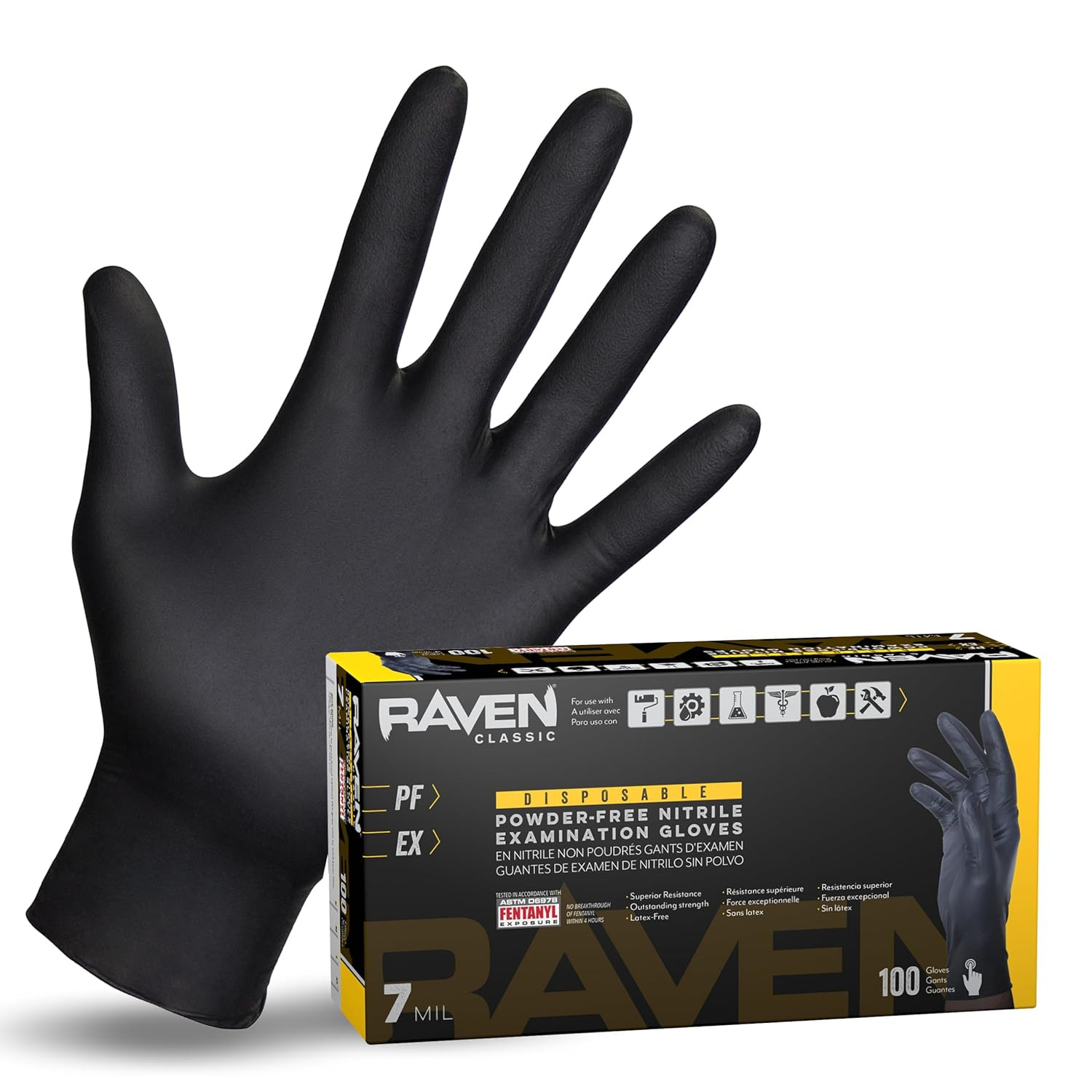 Safety 66518 Raven Powder-Free Disposable Black Nitrile 7-Mil Gloves, Large, 100
