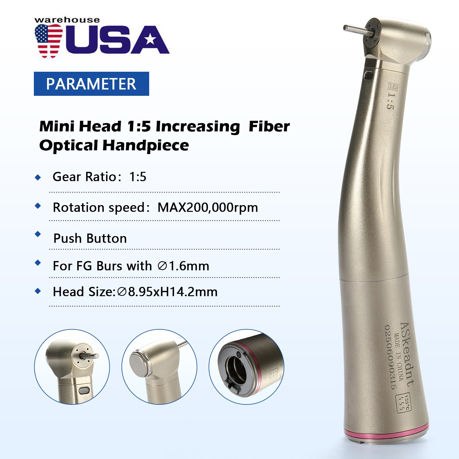 ELECTRIC ATTACHMENT 1:5 Dental Handpiece Fiber Optic 4 Sprays Red Ring