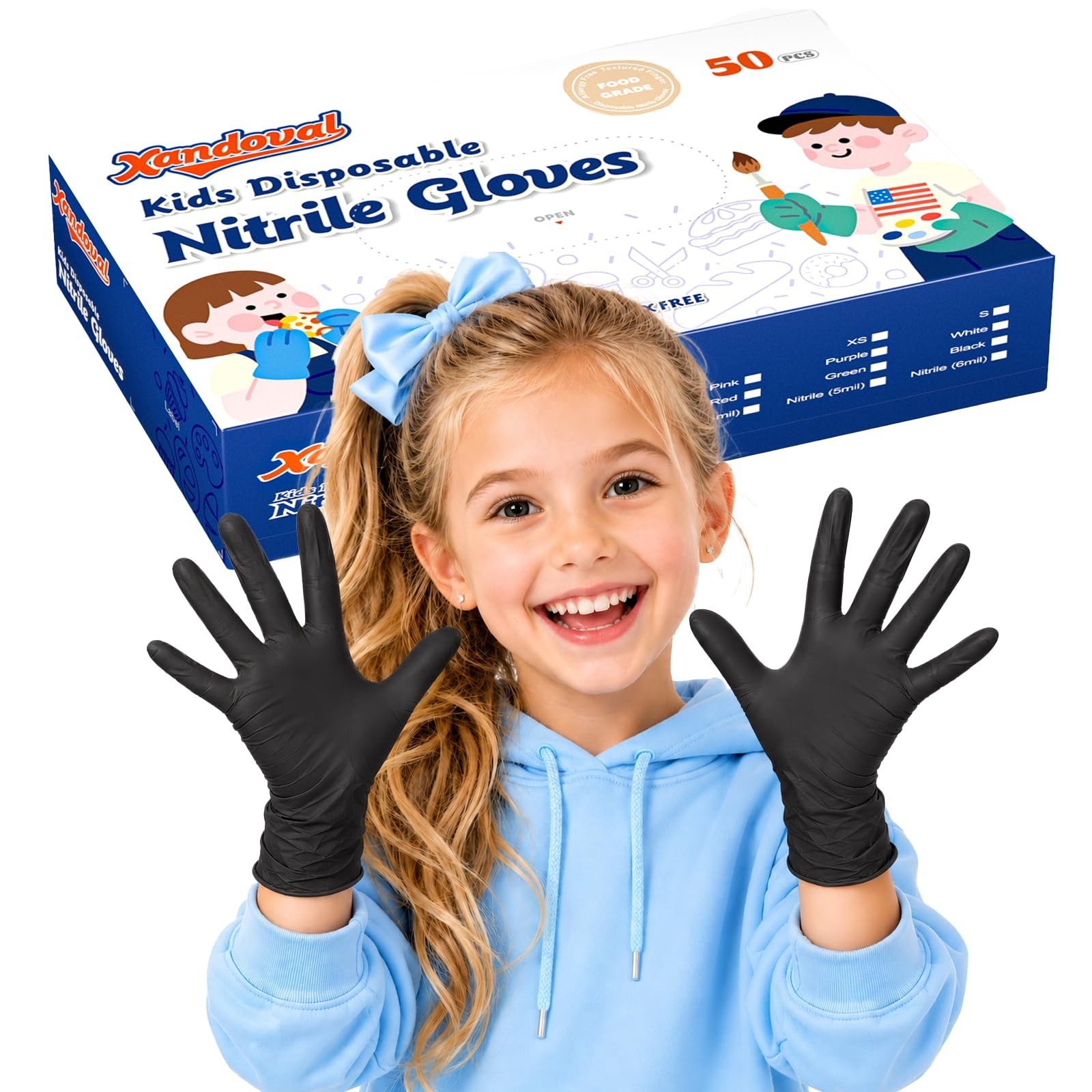 Xandoval Kids Disposable Gloves for 4-8 Years, 5Mil X-Small, Black of 50pcs